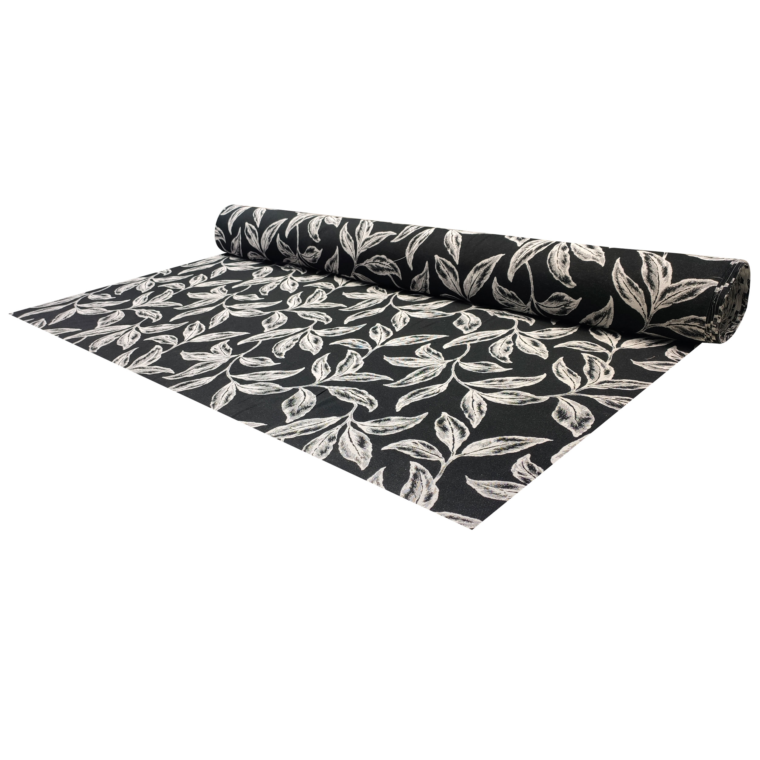 Tessuto Jacquard Sfondo Nero Foglie Bianche