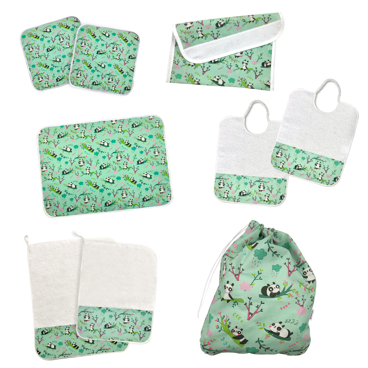 Coordinato Asilo Panda Sfondo Verde Menta - Panini Tessuti 