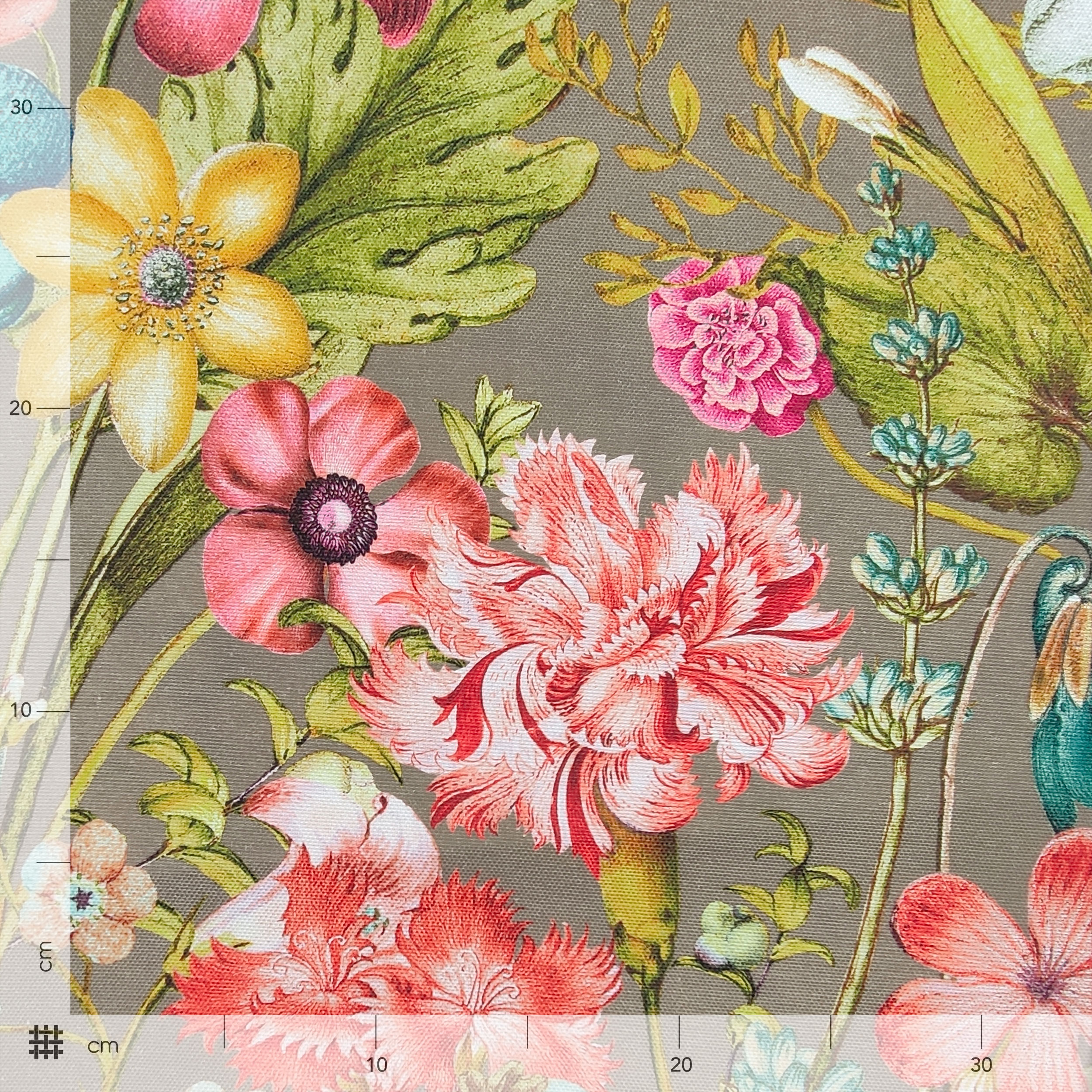 Tessuto Panama Fiori Colorati Sfondo Tortora