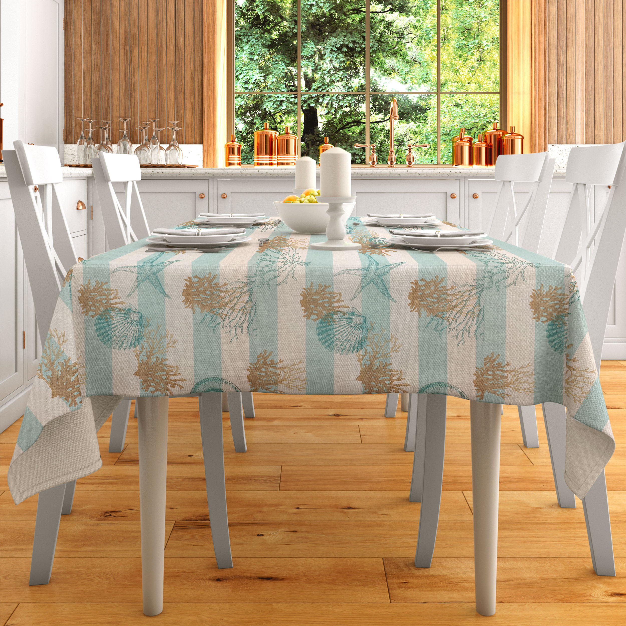 Tessuto Panama Righe Bianco Azzurro Conchiglie Avio