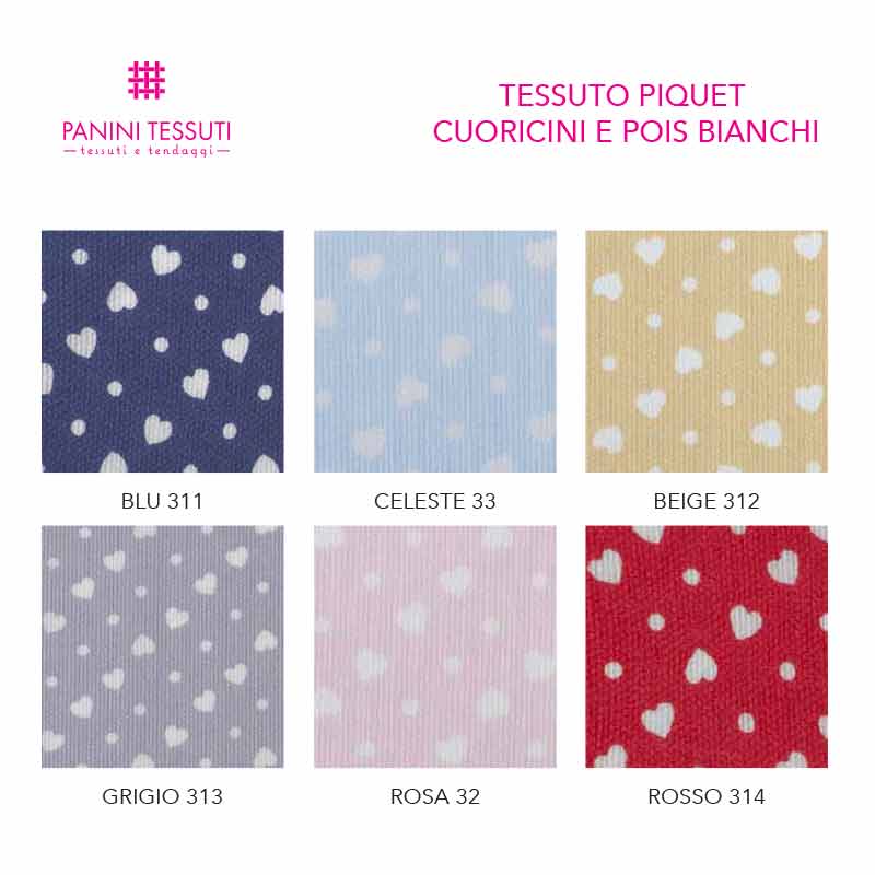 tessuto in Piquet cuori e pois bianchi