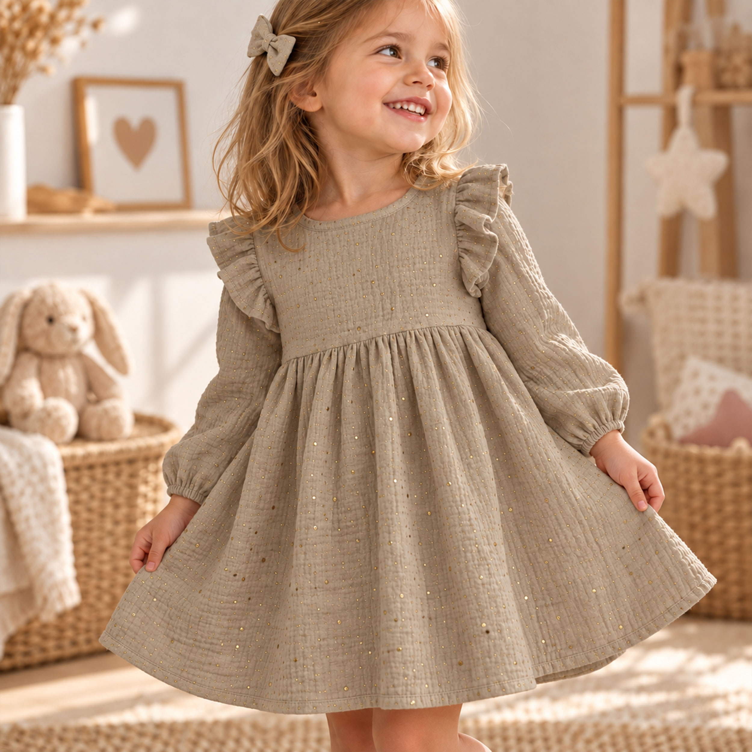 Mussola Cotone Beige con Pois Oro Image