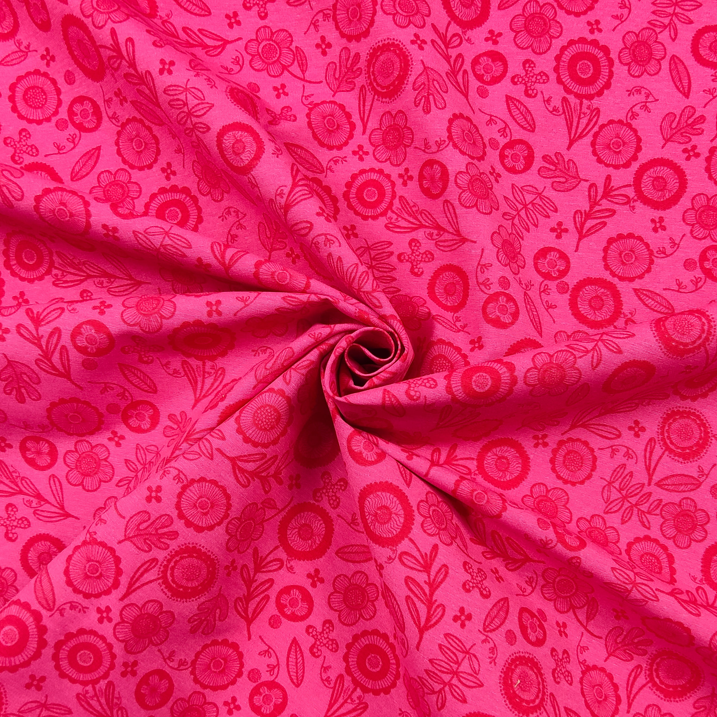 Tessuto Misto Cotone Fantasia Fiori Disegnati Fuxia