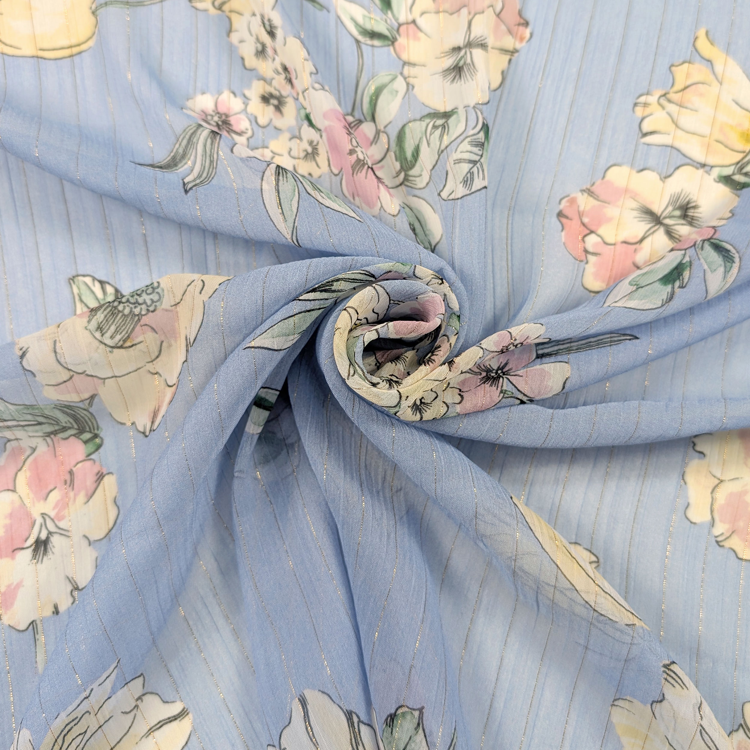 Chiffon Lurex Fiori e Righe Sfondo Celeste Image