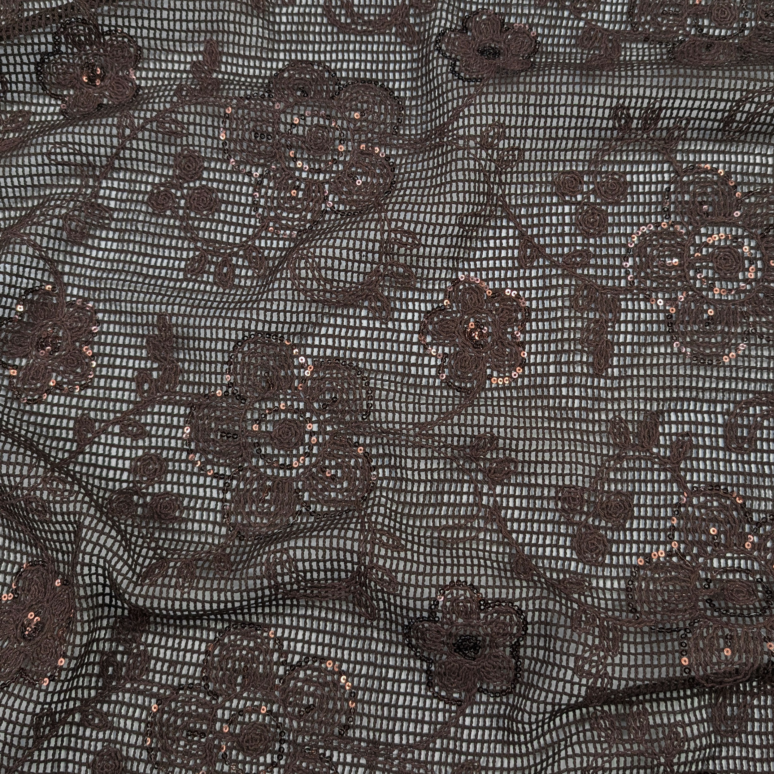 Ricamo Su Rete Marrone Fiori con Paillettes Image