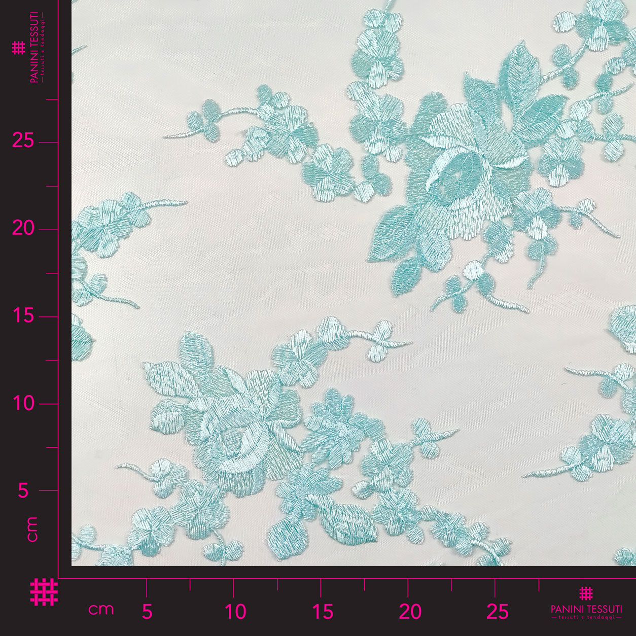 Tulle doppio bordo ricamato fiori azzurro baby