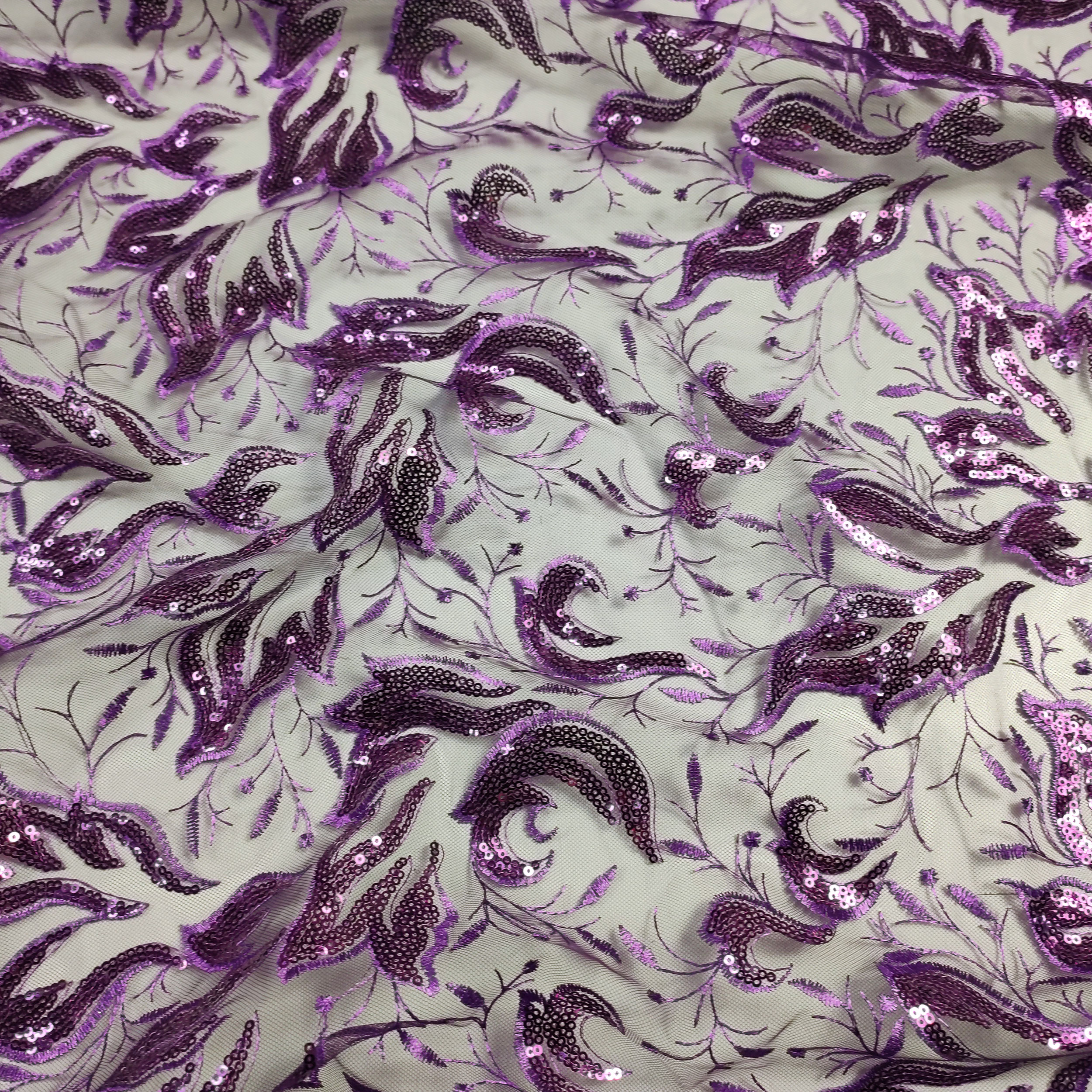 Tulle Ricamato Foglie con Paillettes Viola
