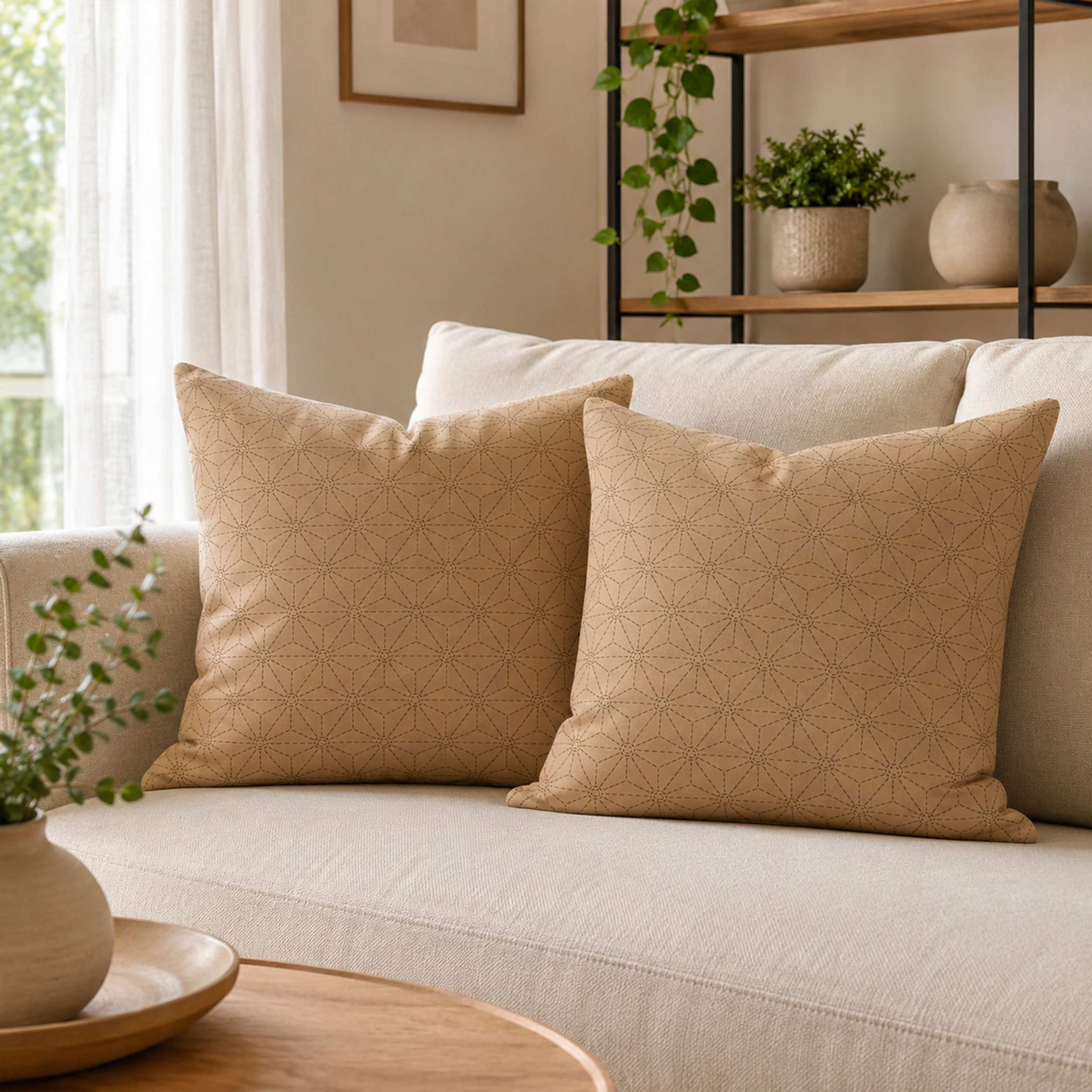 Popeline Cotone Beige con Stelle Geometriche Image