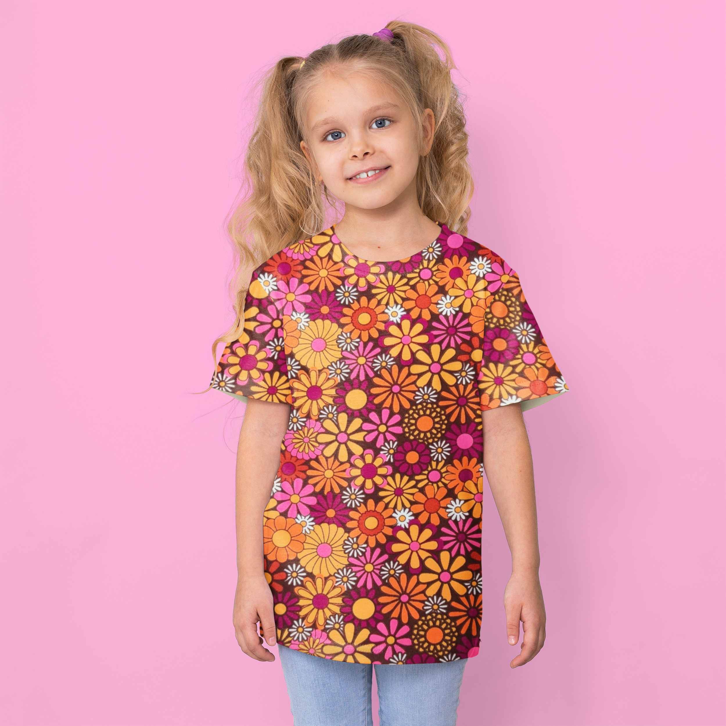 Tessuto Carnevale Fantasia Fiori Hippie Arancio