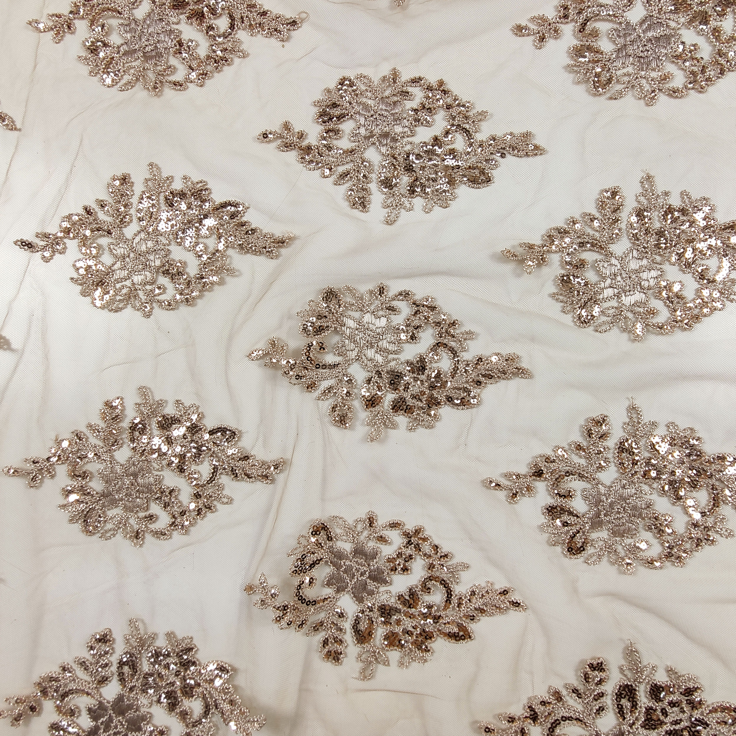 Tessuto Tulle Ricamo Paillettes Doppio Smerlo Beige