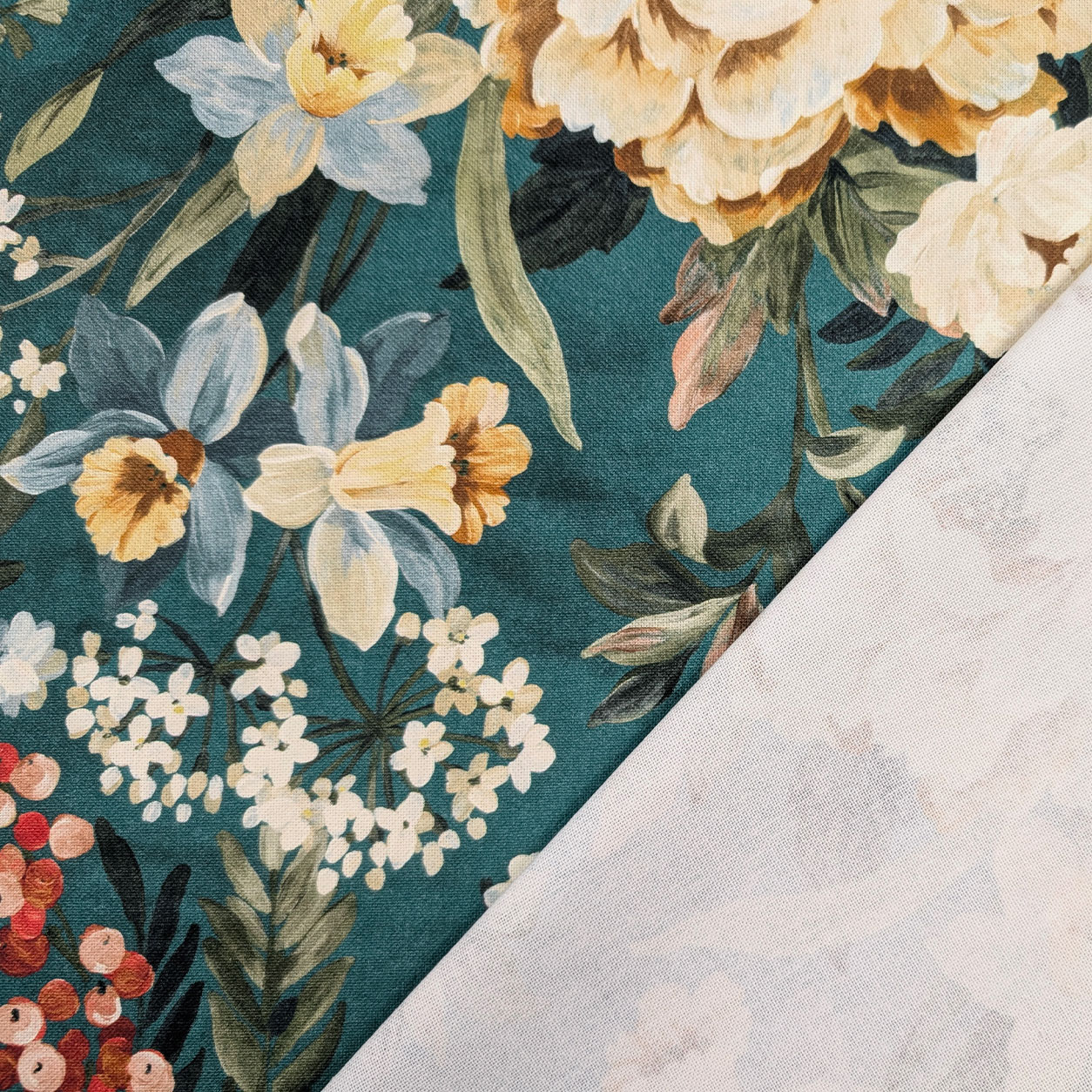 Panama Cotone Fiori Sfondo Petrolio H 280 cm Image