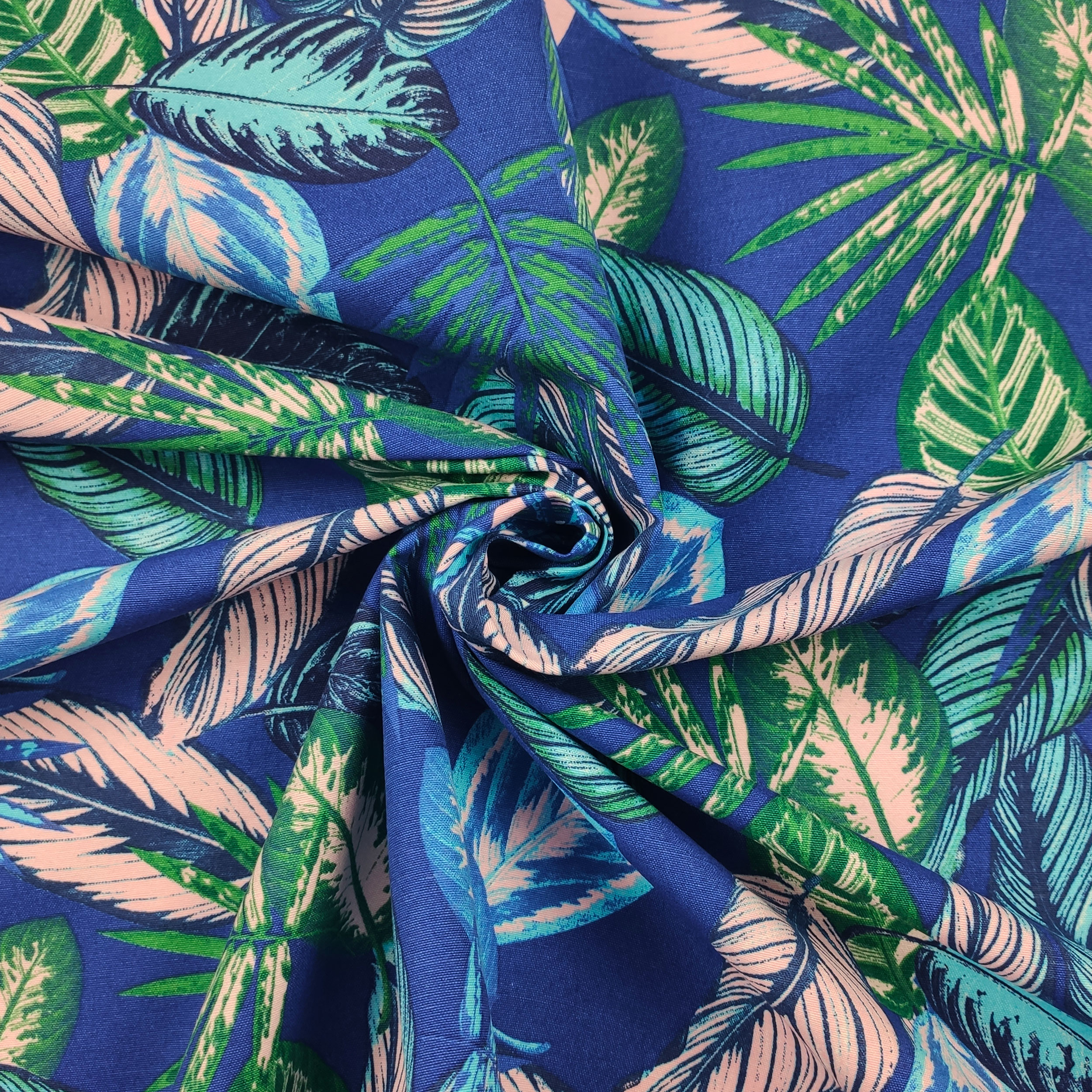 Tessuto Misto Cotone con Foglie Blu
