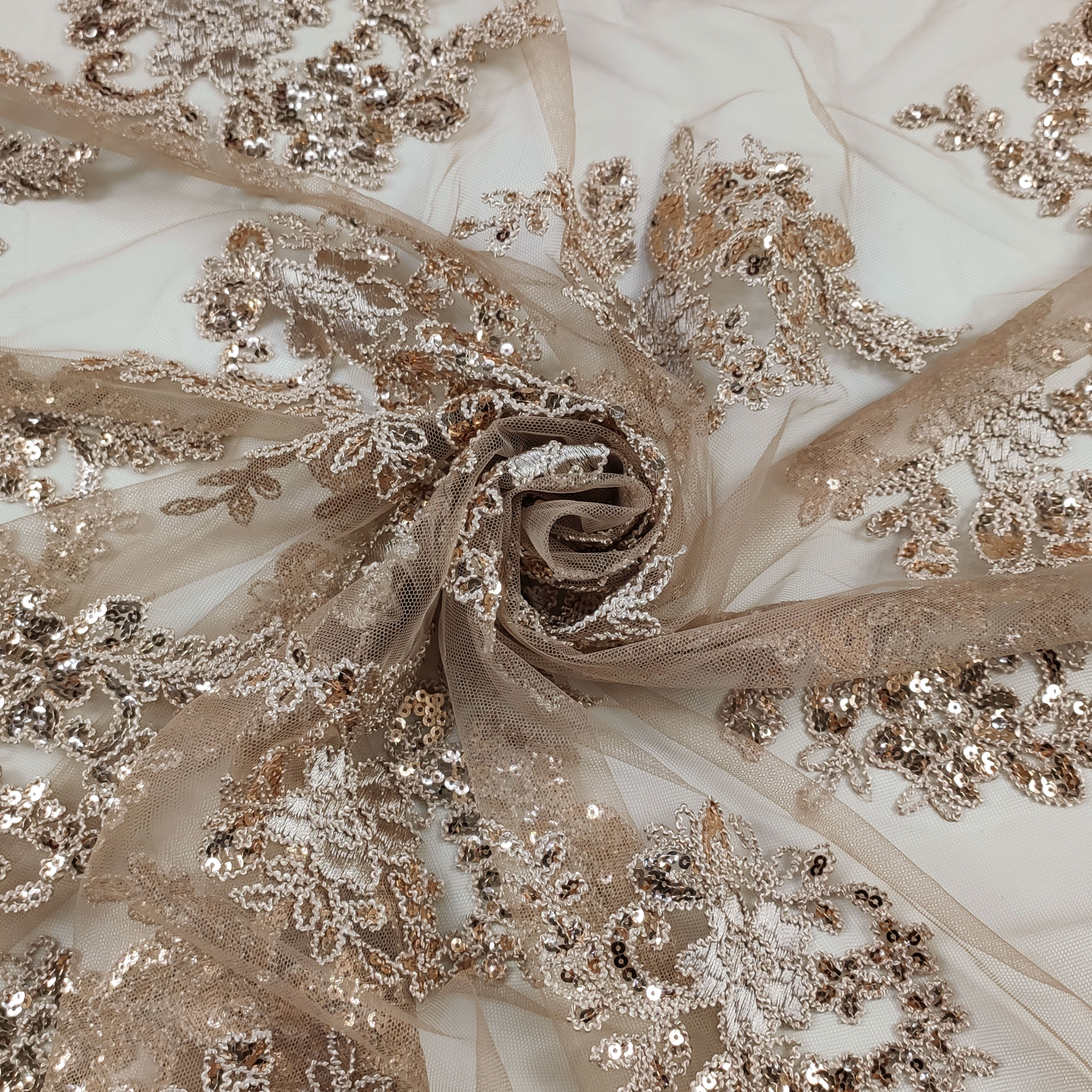Tessuto Tulle Ricamo Paillettes Doppio Smerlo Beige Image