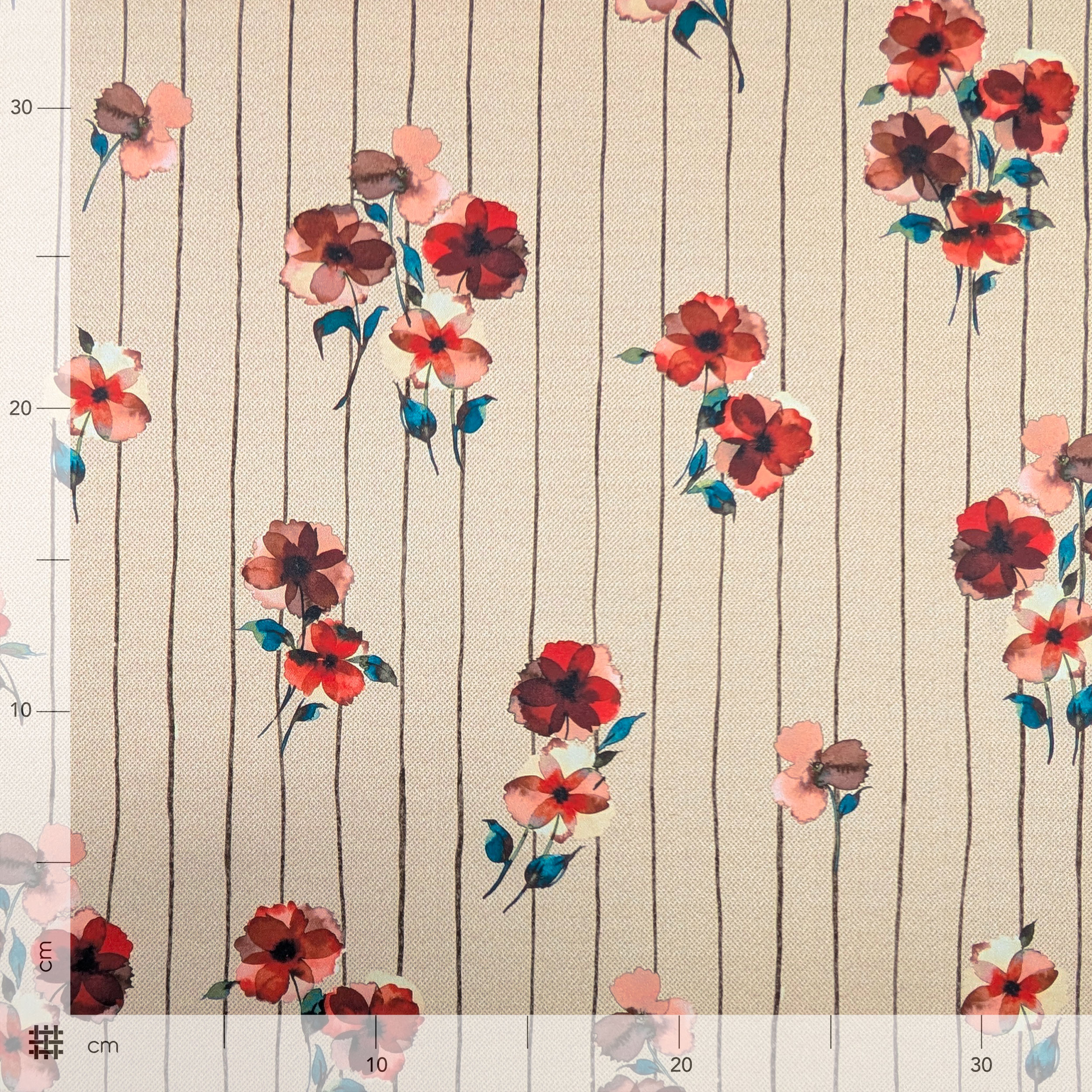 Raso Setato Alta Moda Fiori Rossi e Righe Image