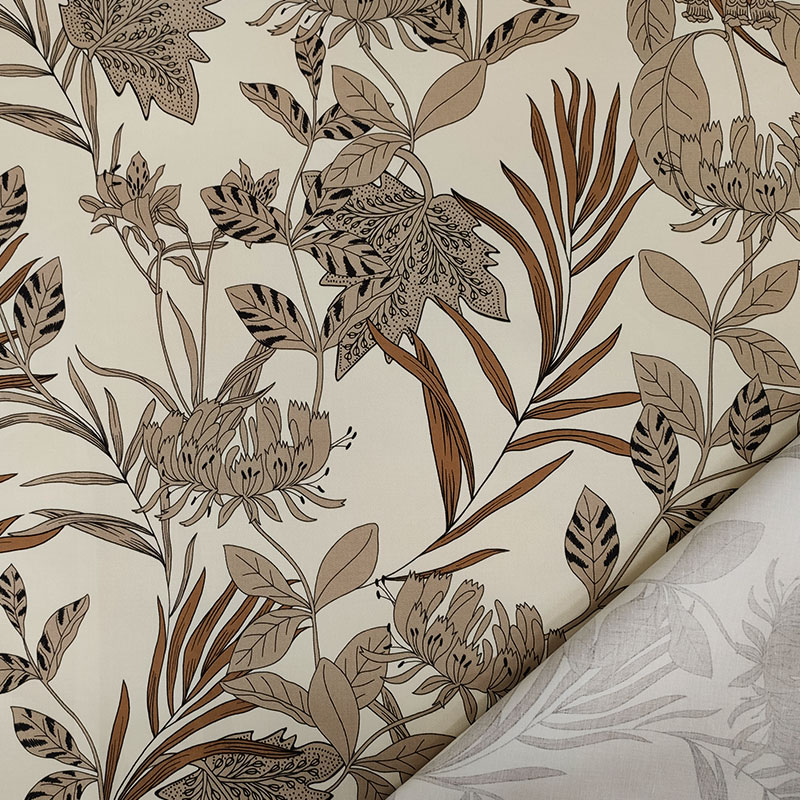 Tessuto Cotone Elasticizzato Foglie Beige