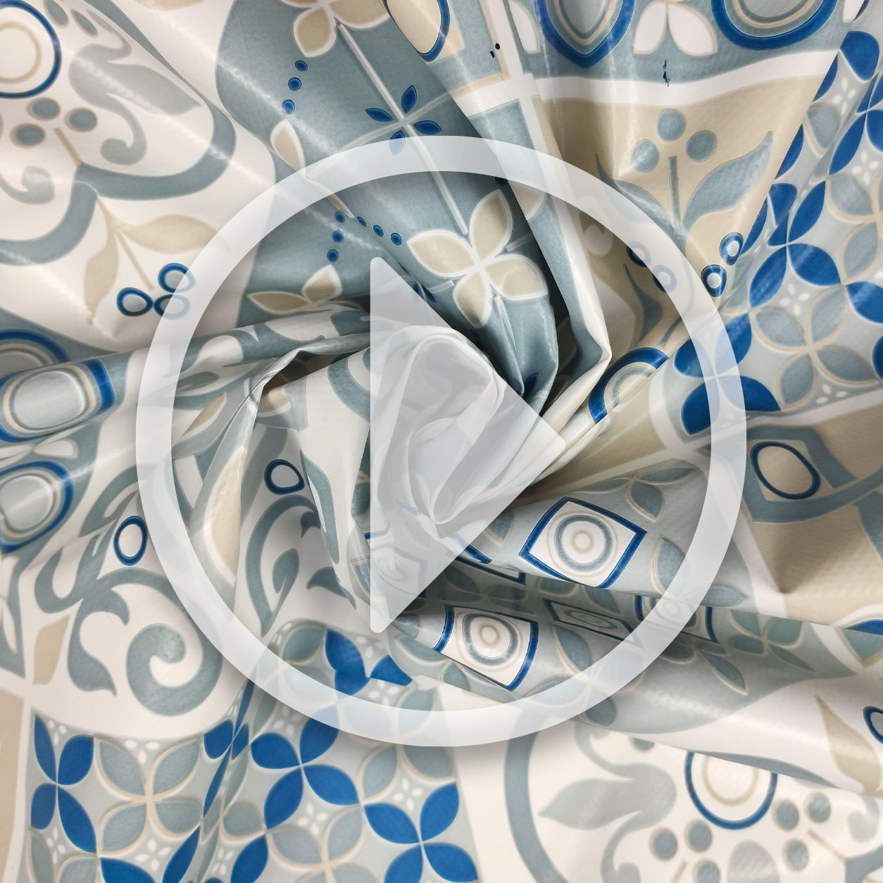 Tessuto Tovaglia Plastificata Mattonelle Floreali Blu e Beige Image