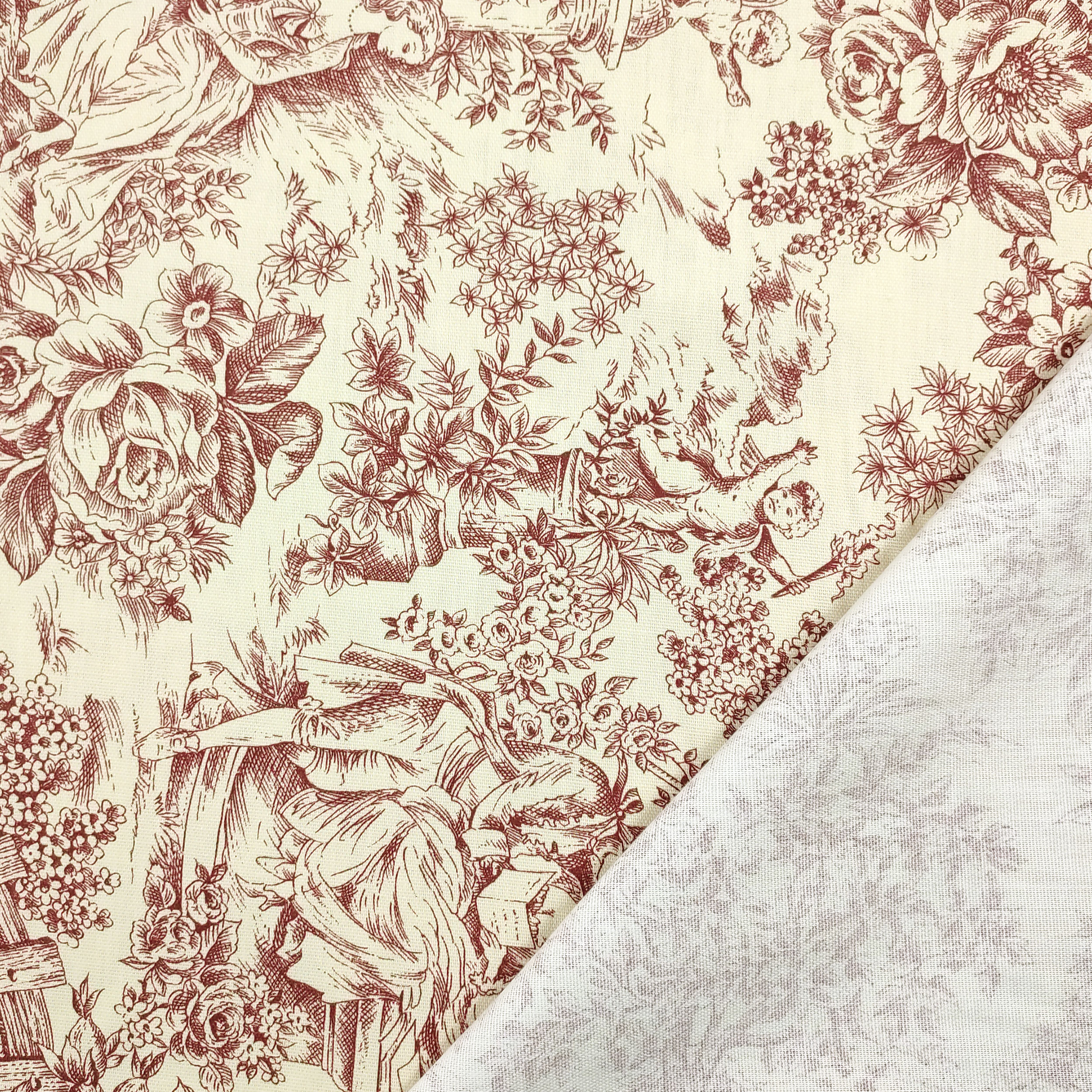 Tessuto Panama Toile De Jouy Rosso Sfondo Panna H 280 cm Image