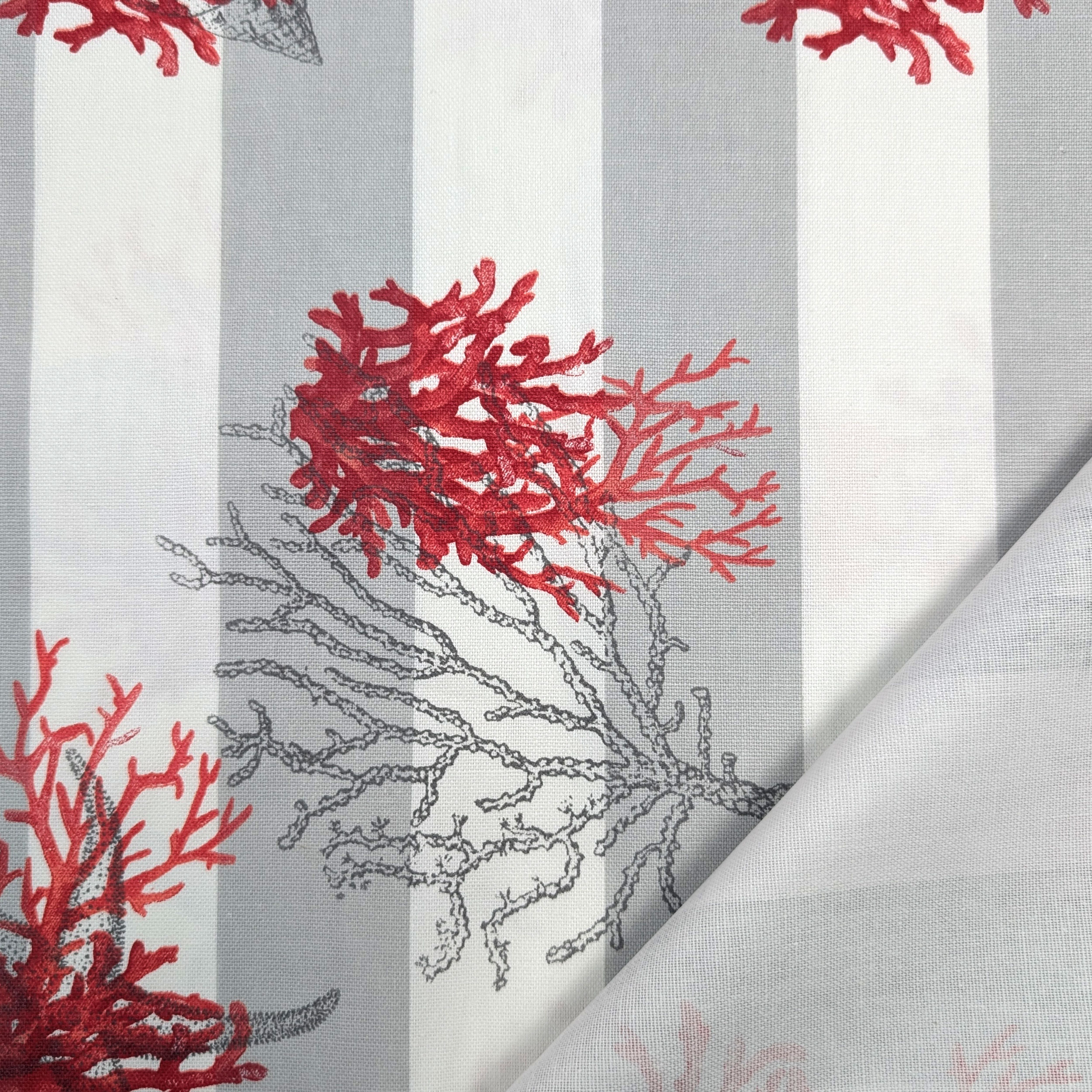 Tessuto Panama Righe Bianco Grigio Conchiglie Rosse Image