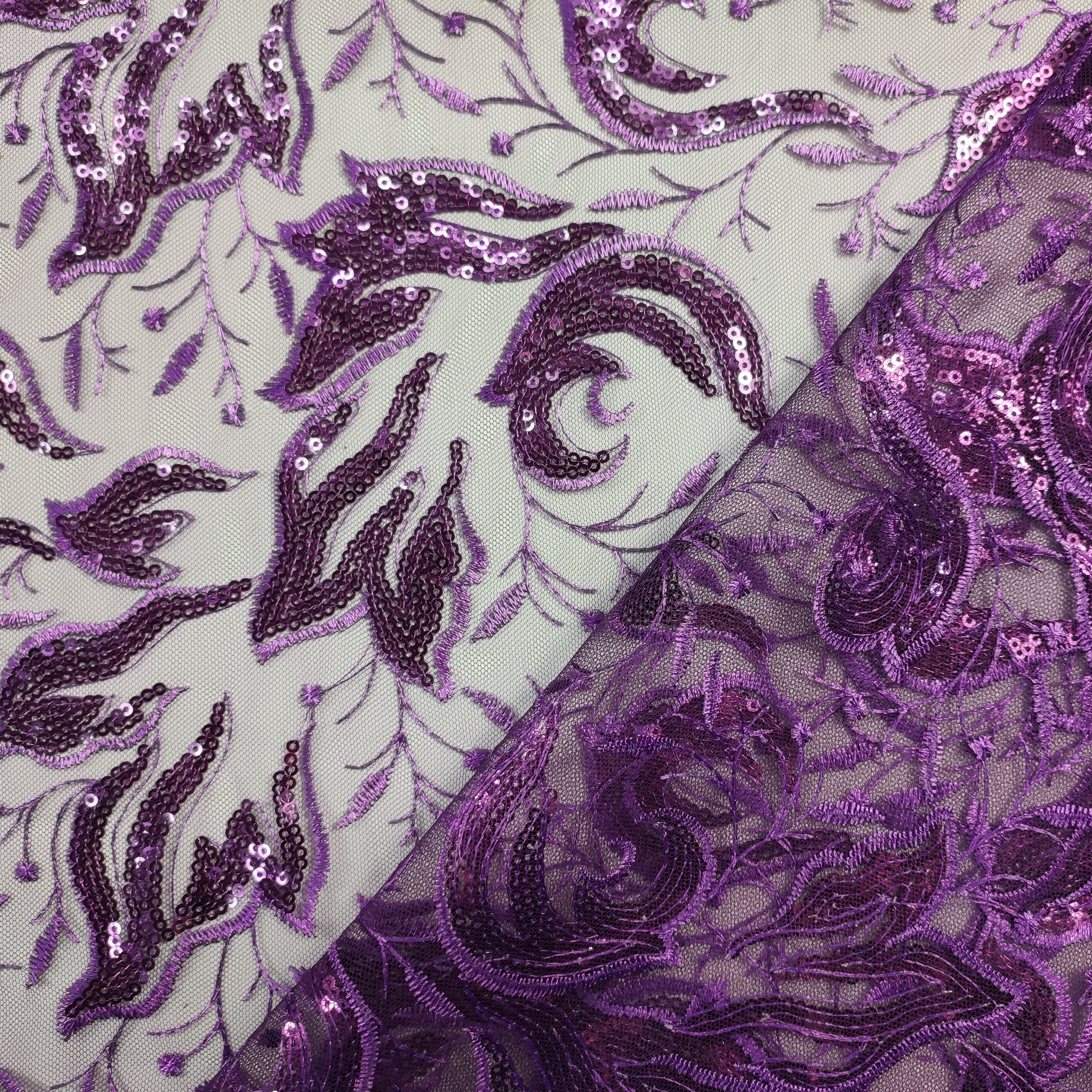 Tulle Ricamato Foglie con Paillettes Viola