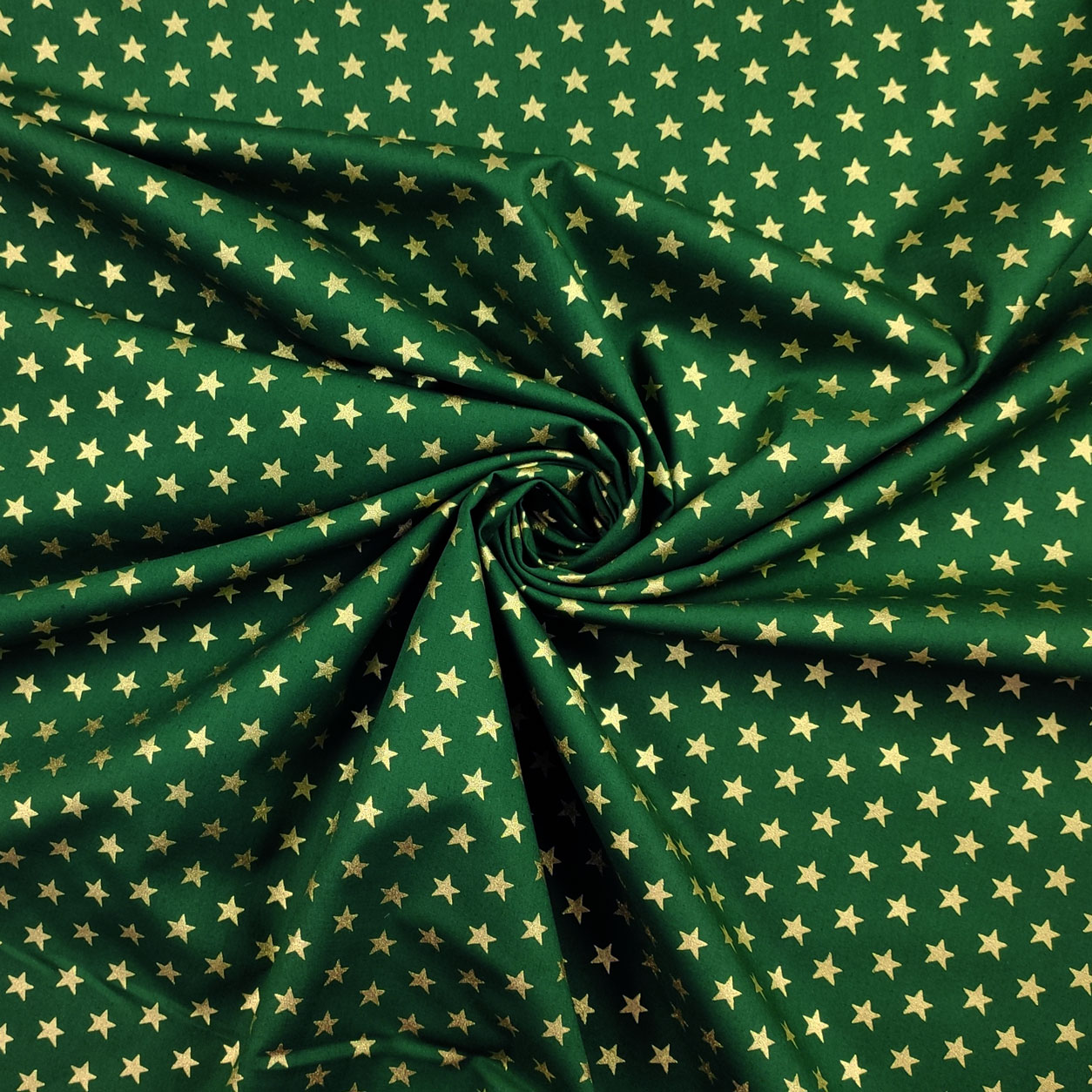Tessuto Cotone Stelle Lurex Oro Sfondo Verde