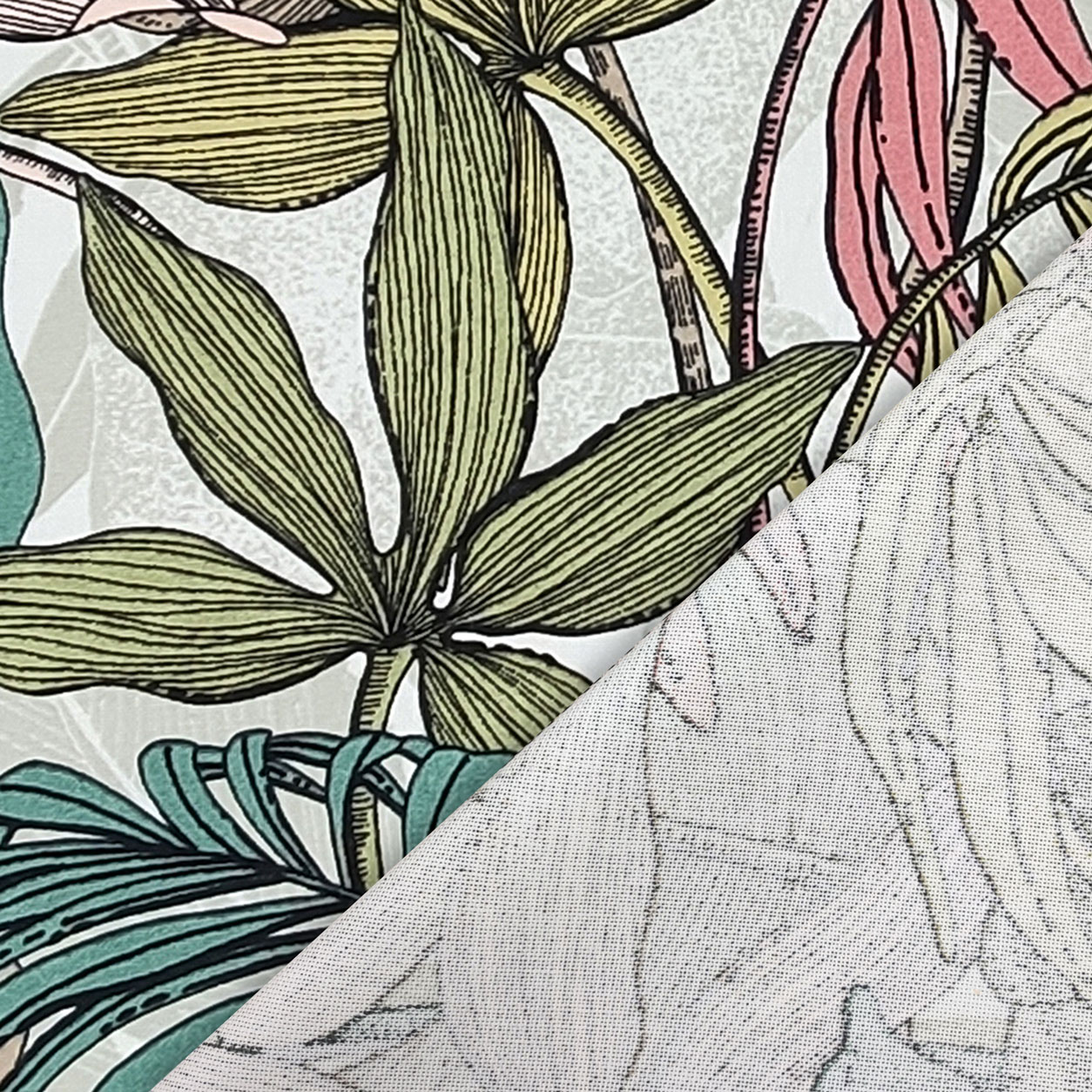 tessuto panama in misto cotone foglie tropicali sfondo crema