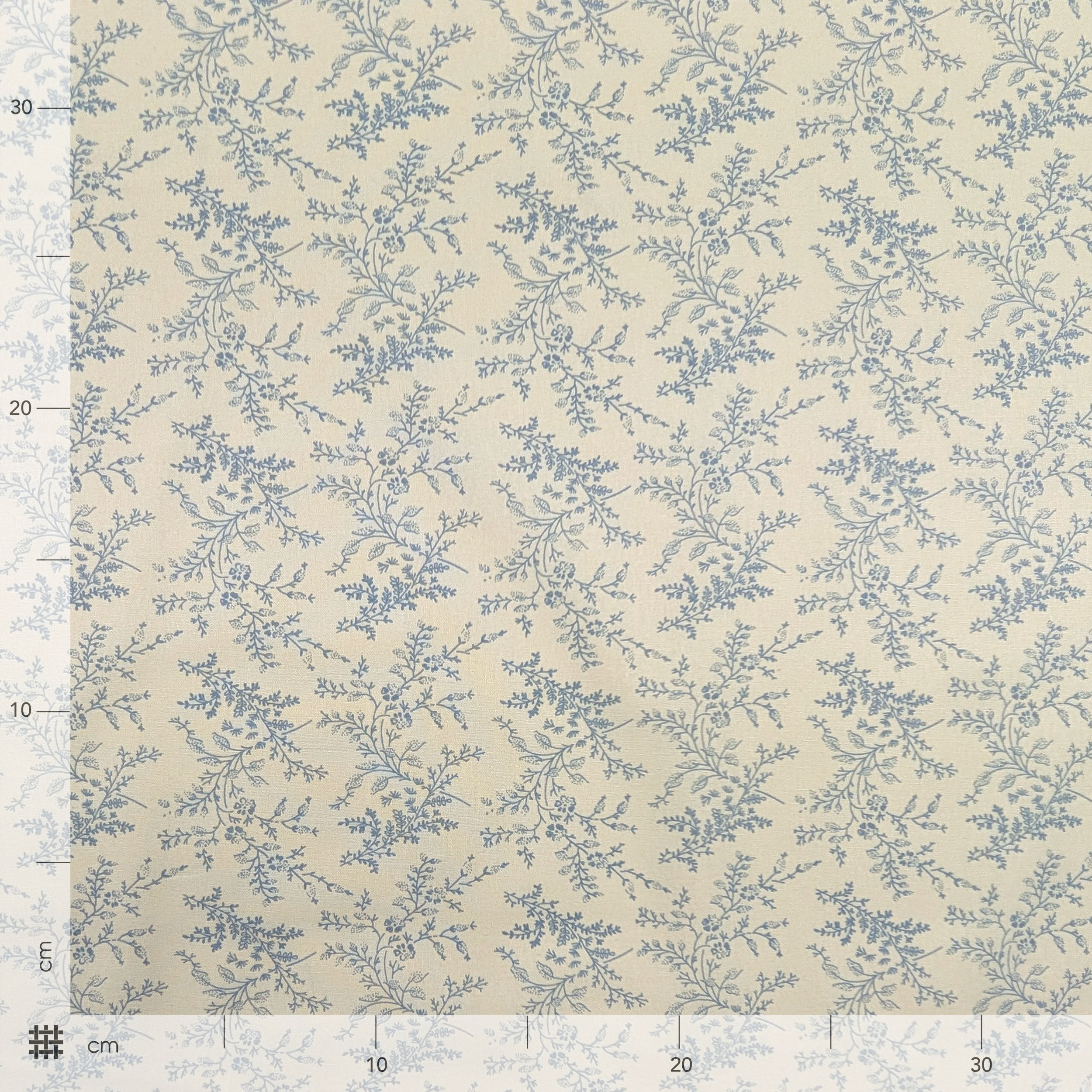 Popeline Cotone Stampa Vintage Rami e Fiori Azzurri Image