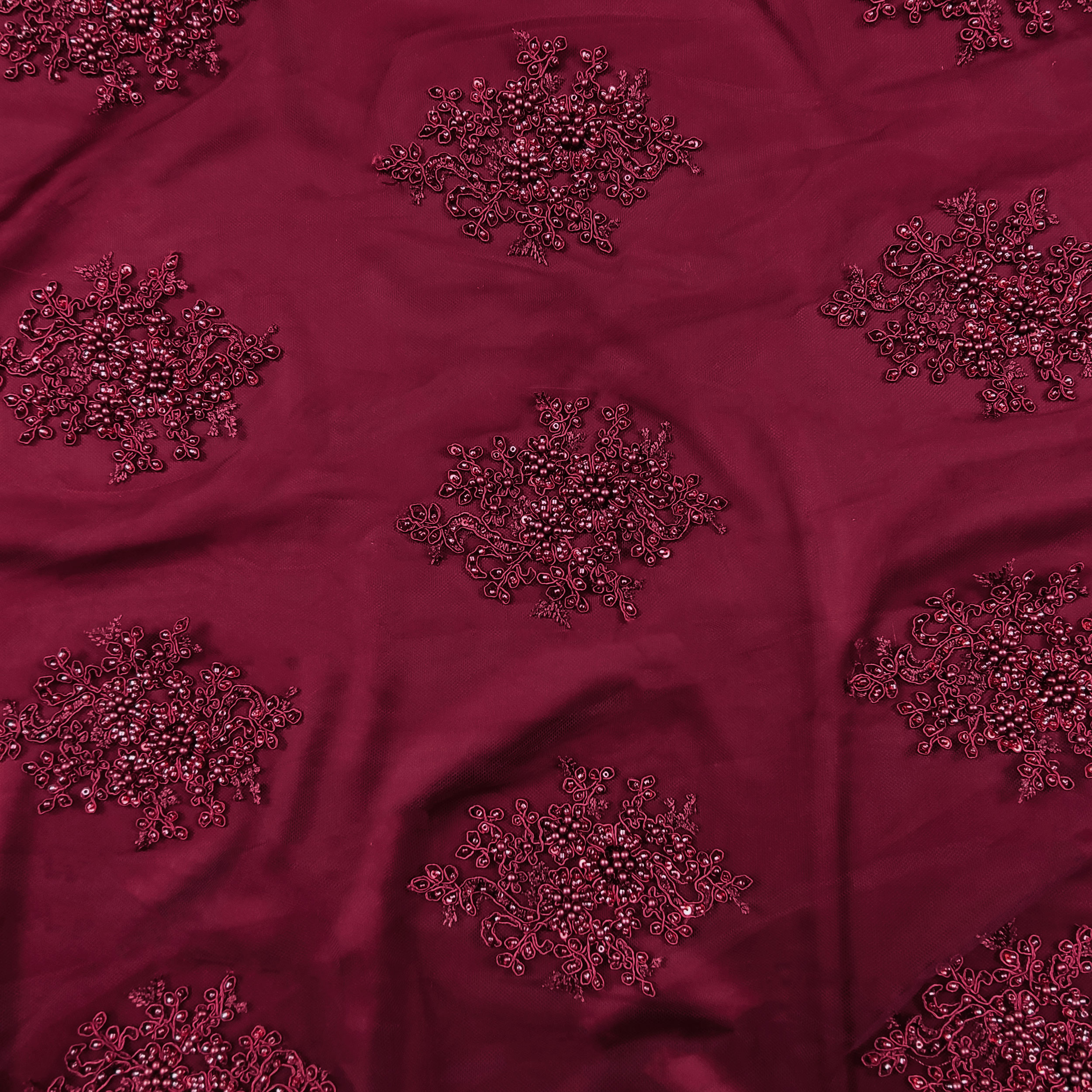 Tulle Ricamato Perline Lux Bordeaux