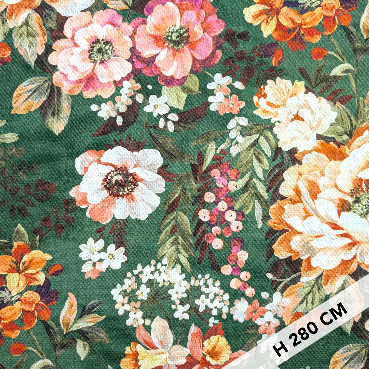 Panama Cotone Fiori Sfondo Verde H 280 cm Image