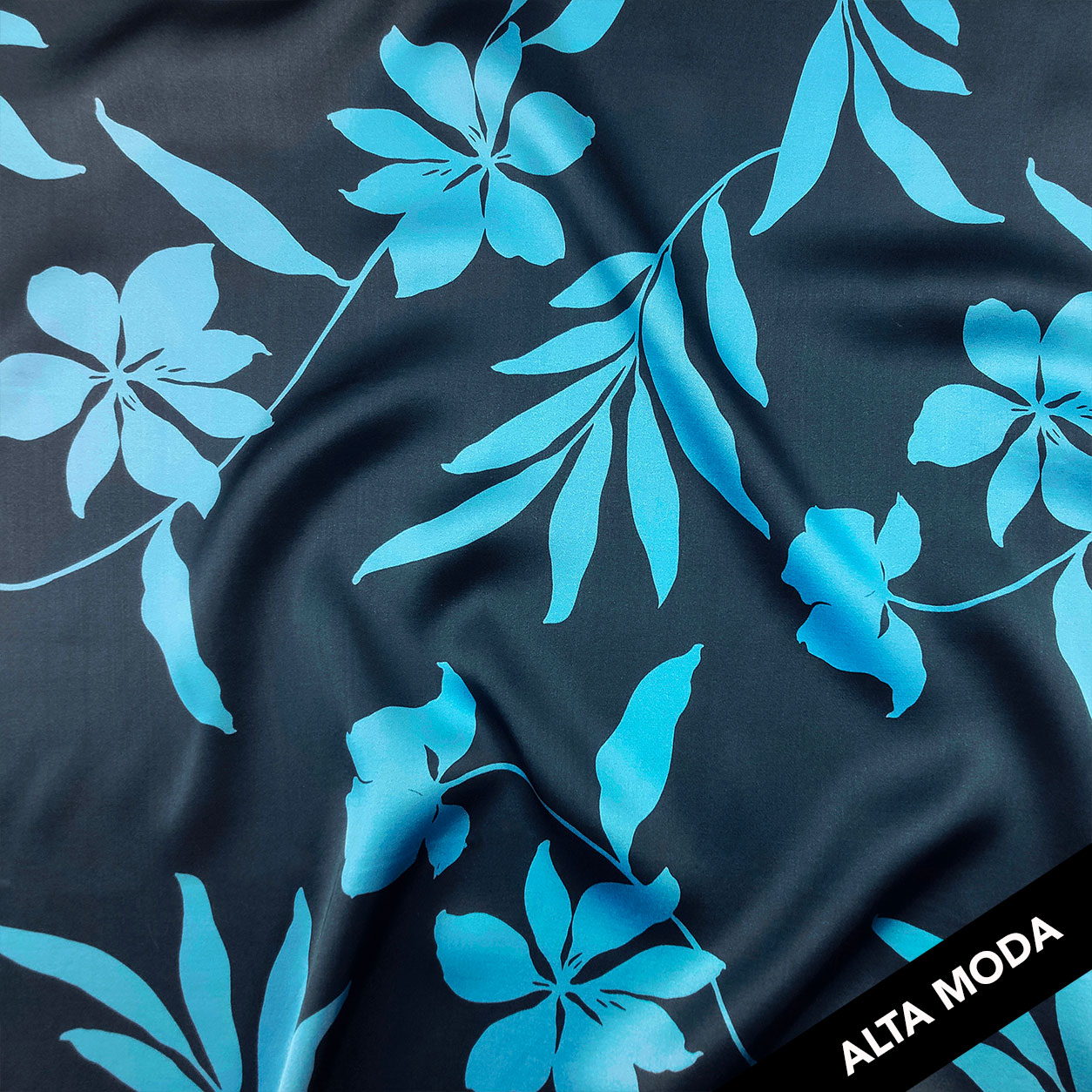 Raso Misto Seta Alta Moda Fiori Azzurri Sfondo Blu