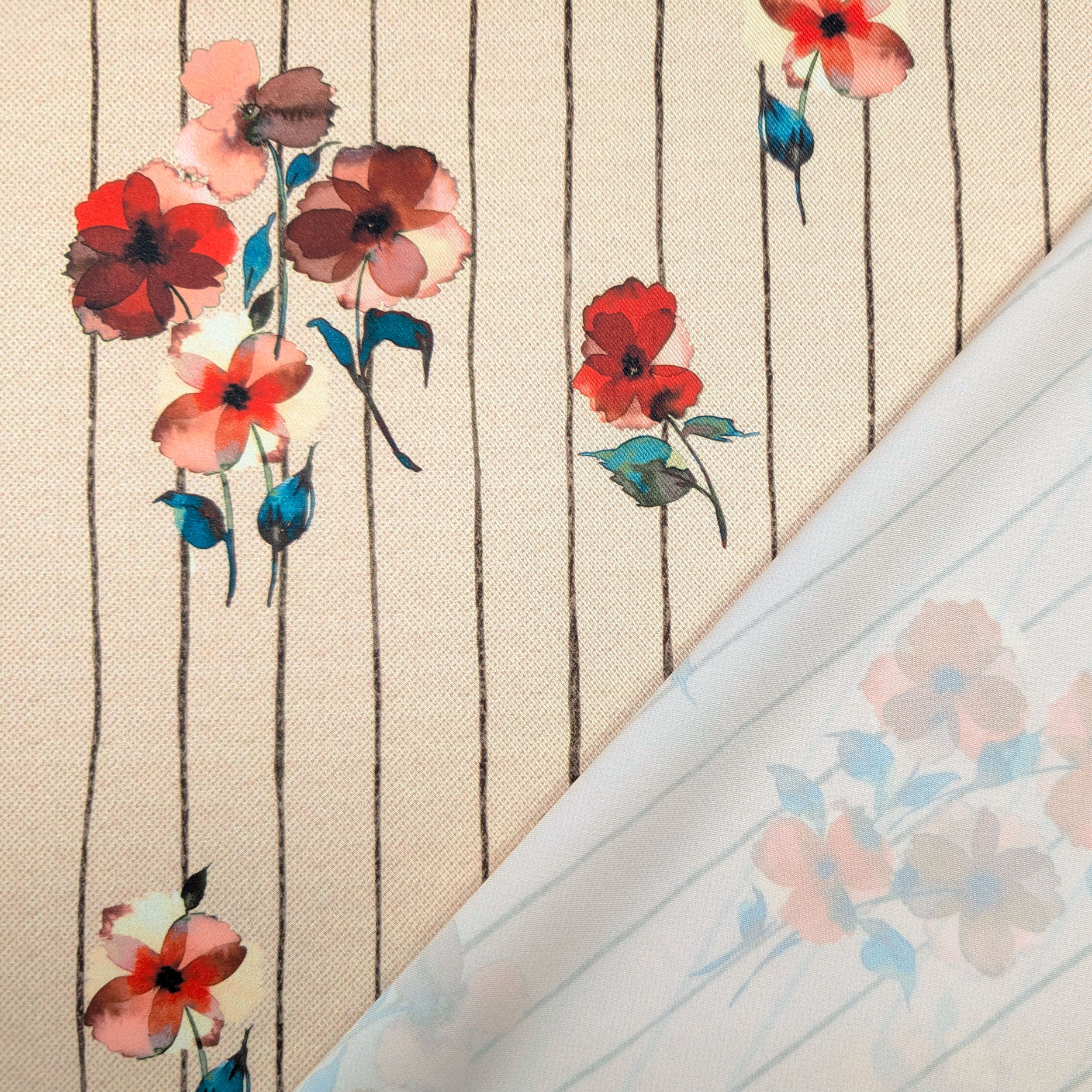 Raso Setato Alta Moda Fiori Rossi e Righe Image
