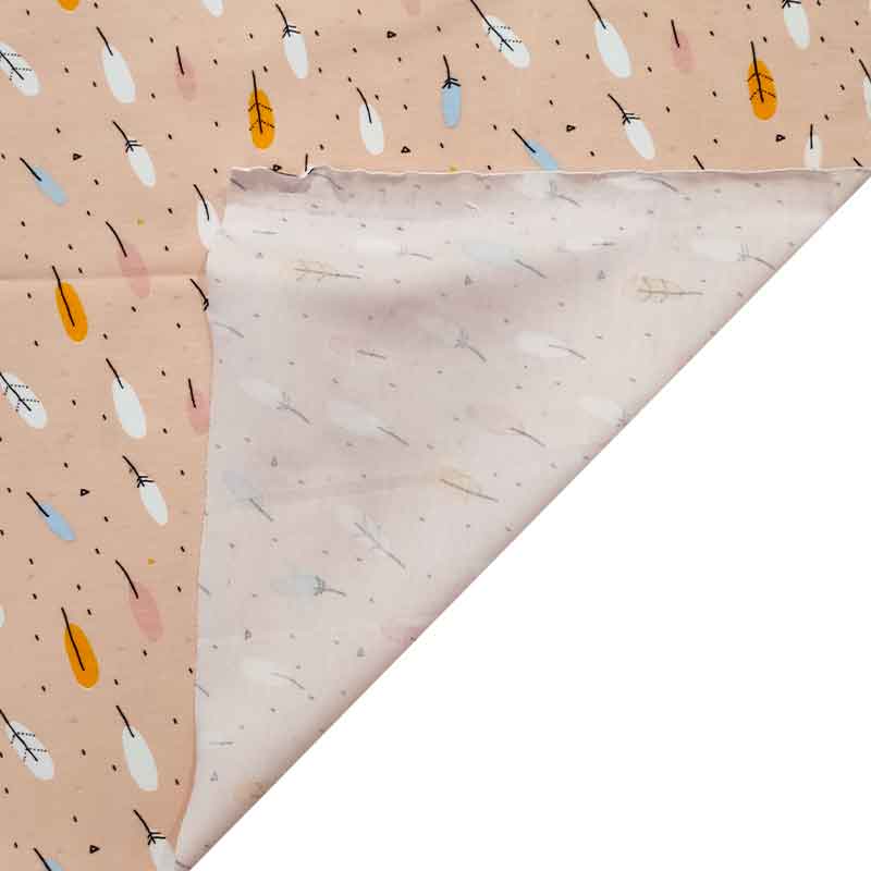 Tessuto Jersey Piume Colorate su Sfondo Salmone
