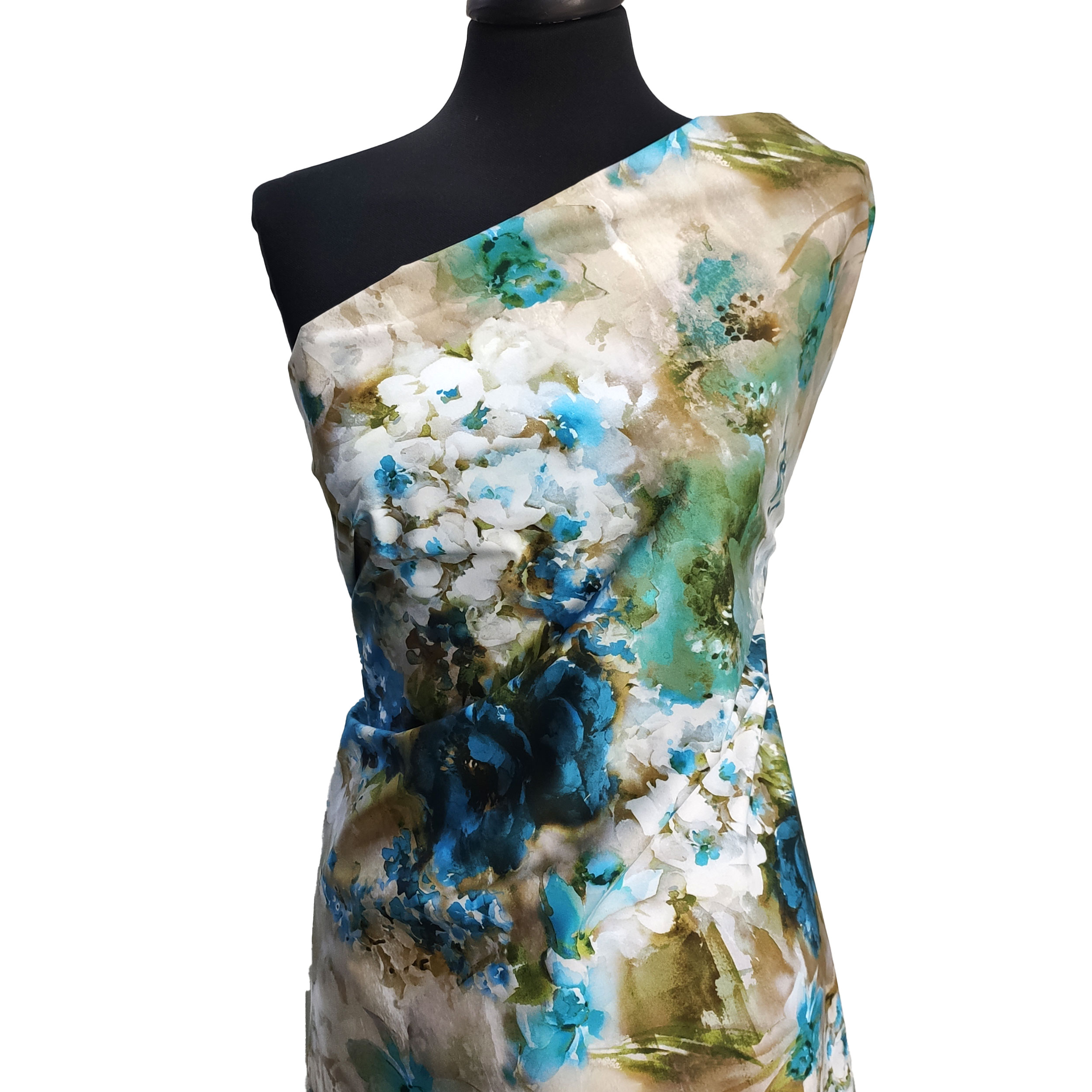 Cotone Elasticizzato Fantasia Fiori Dipinti in Blu