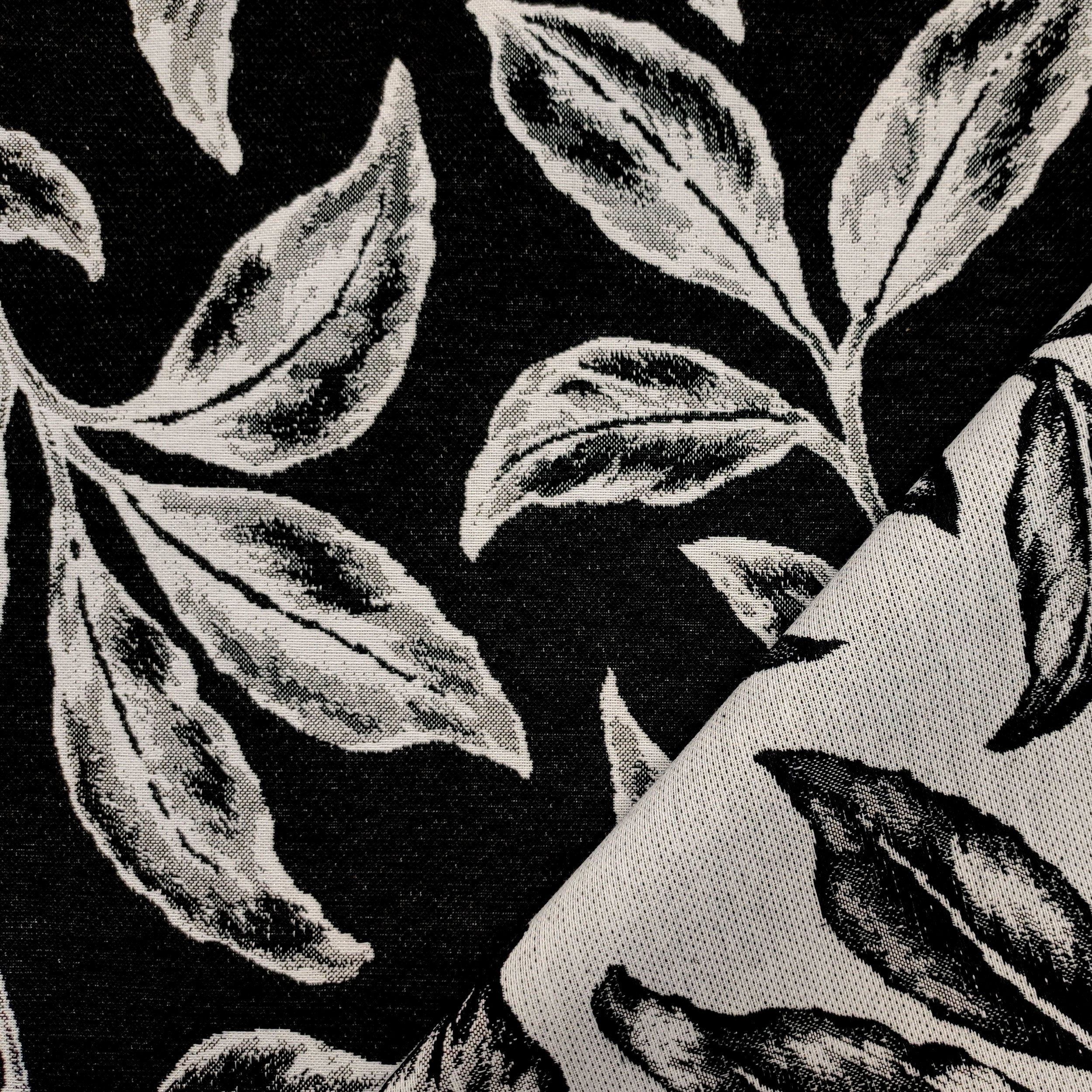 Tessuto Jacquard Sfondo Nero Foglie Bianche