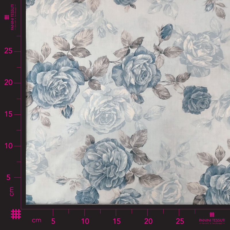 Tessuto cotone abbigliamento rose azzurre