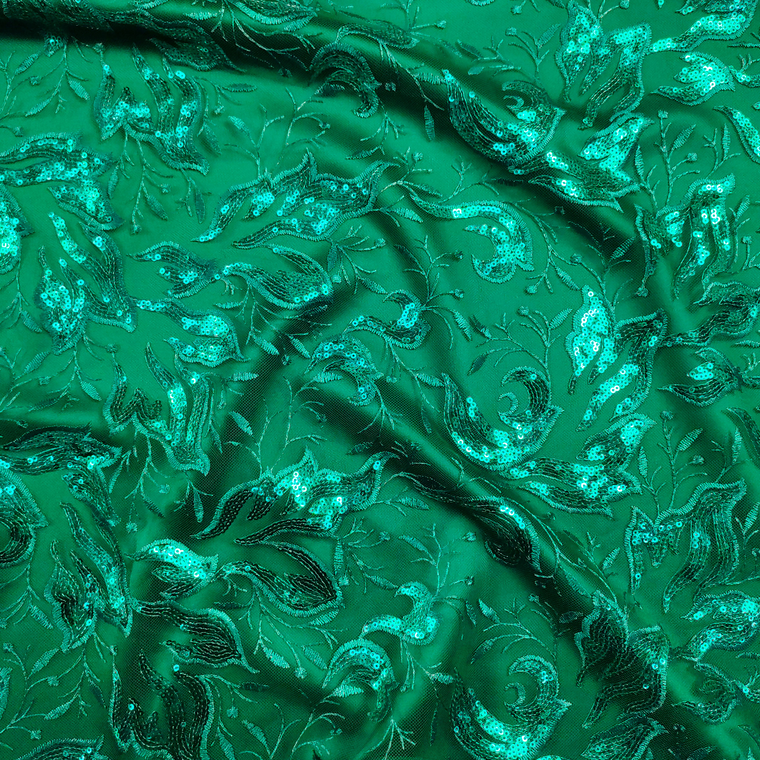 Tulle Ricamato Foglie con Paillettes Verde