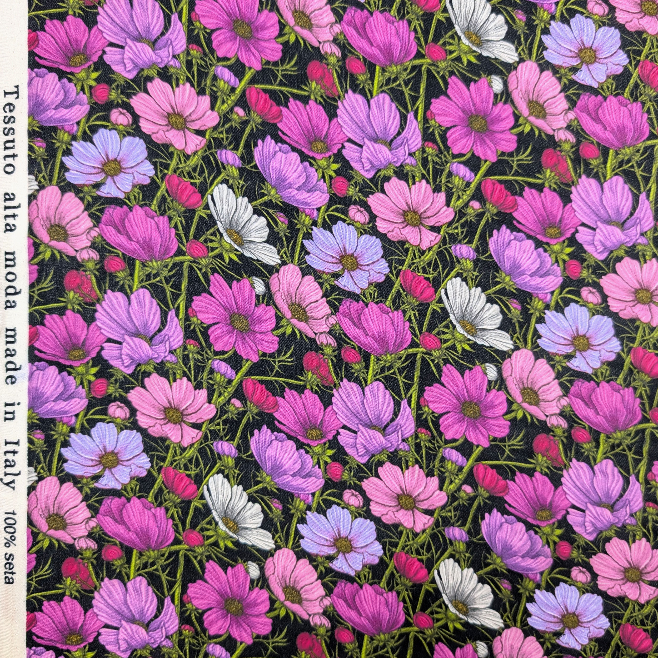 Georgette Pura Seta Fiori Rosa e Lilla Image