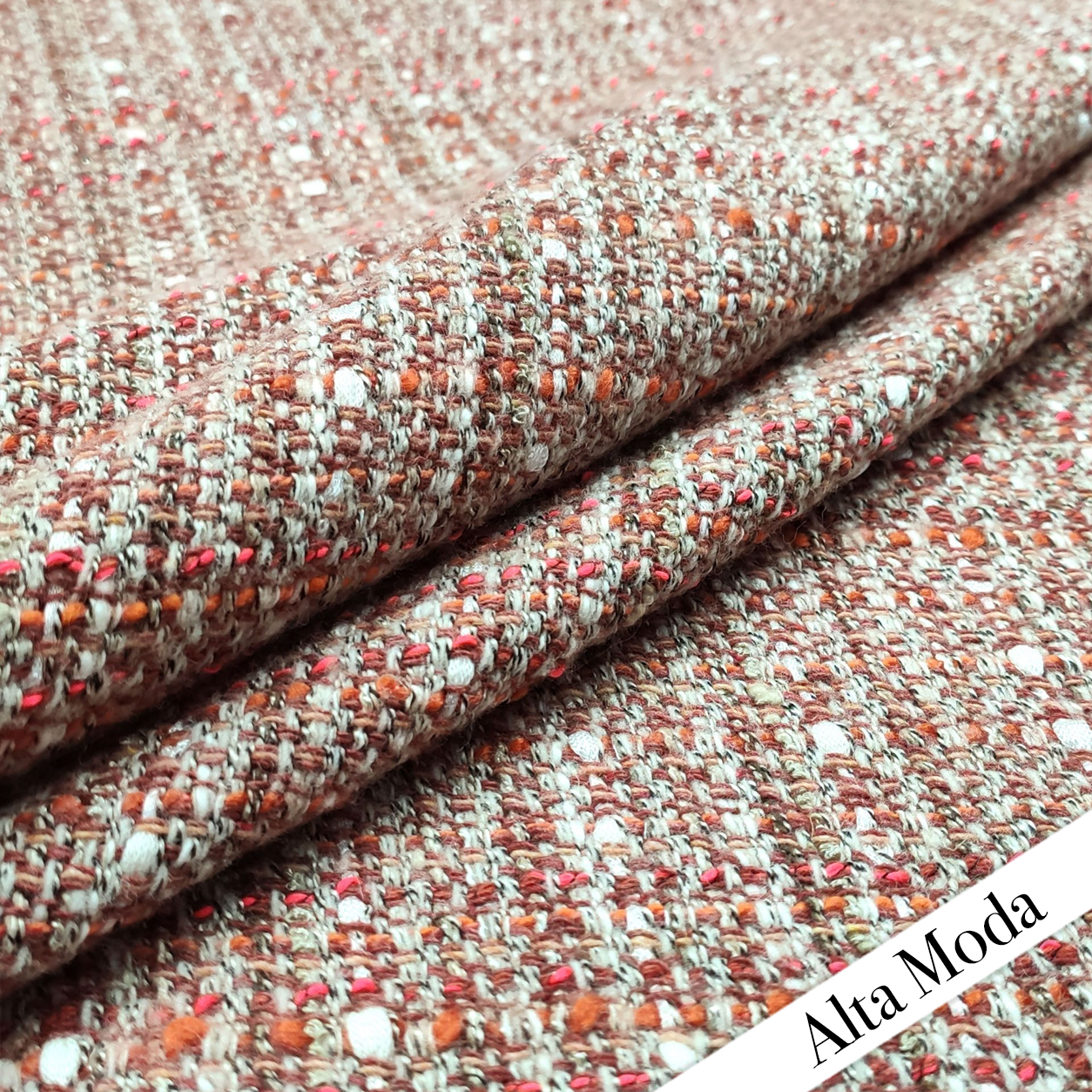 Tessuto Tweed in Lana Beige e Arancio Alta Moda