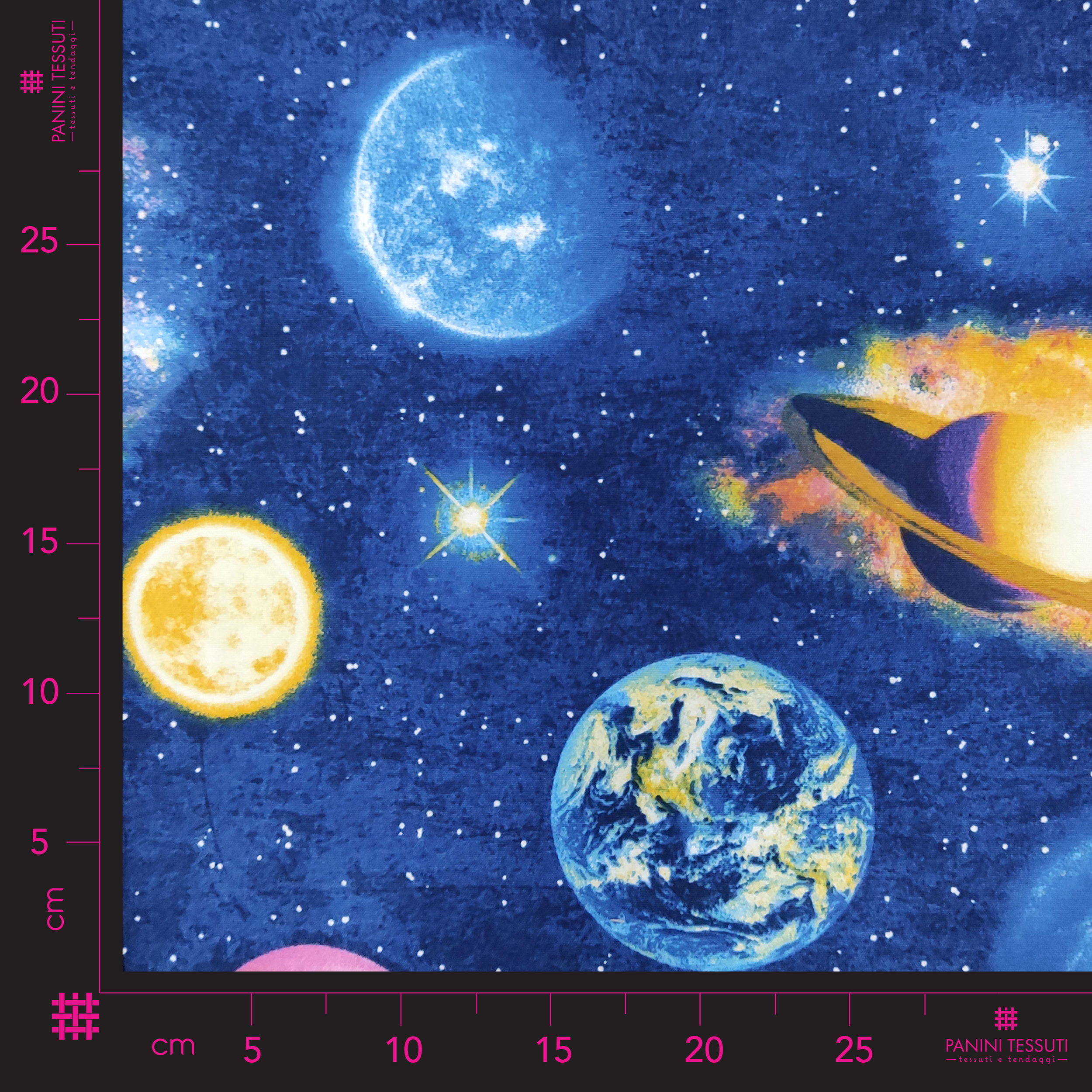 Tessuto-Misto-Cotone-Fantasia-Sistema-Solare