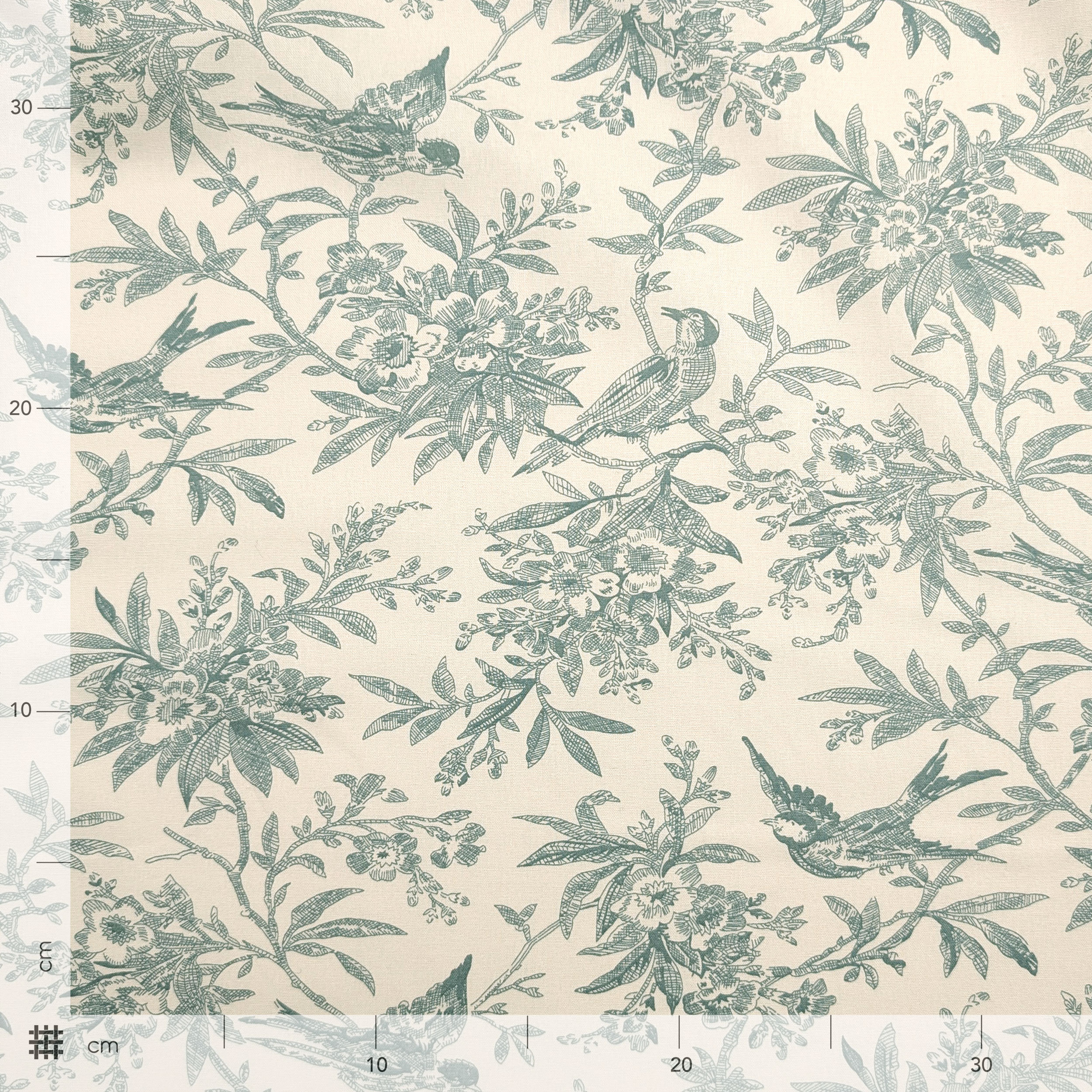 Popeline Cotone Stampa Vintage Uccellini e Rami Menta Image