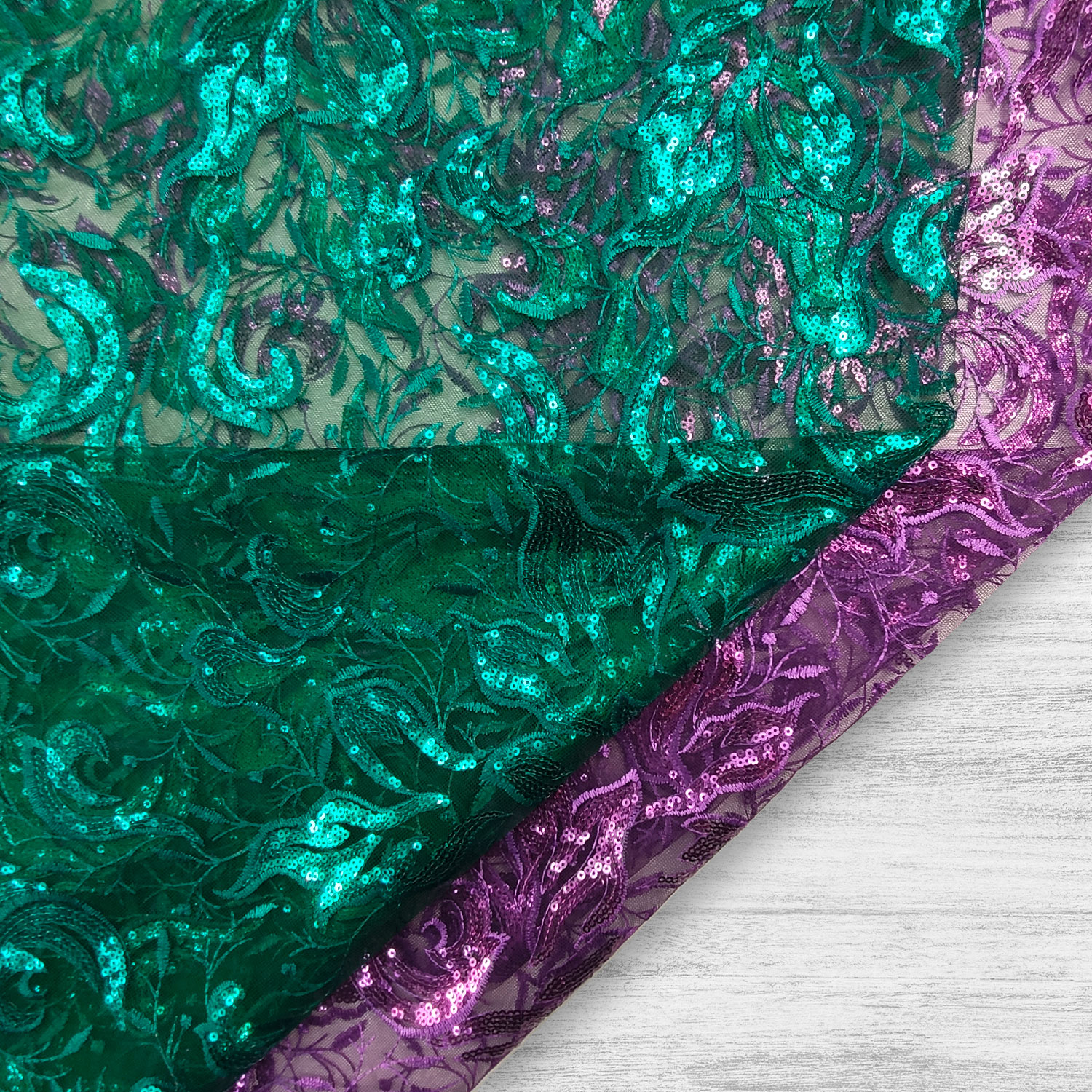 Tulle Ricamato Foglie con Paillettes Verde