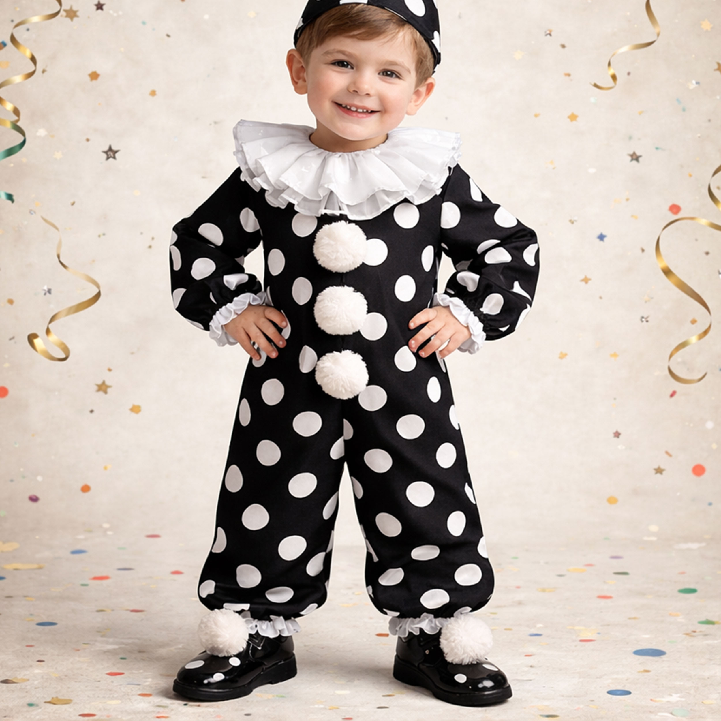Tessuto Raso Carnevale Nero a Pois Image