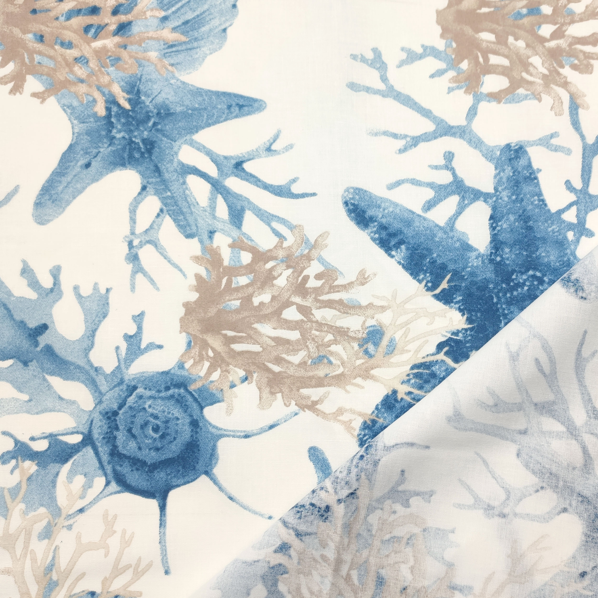 Tessuto Cotone con Coralli Stelle Marine Blu