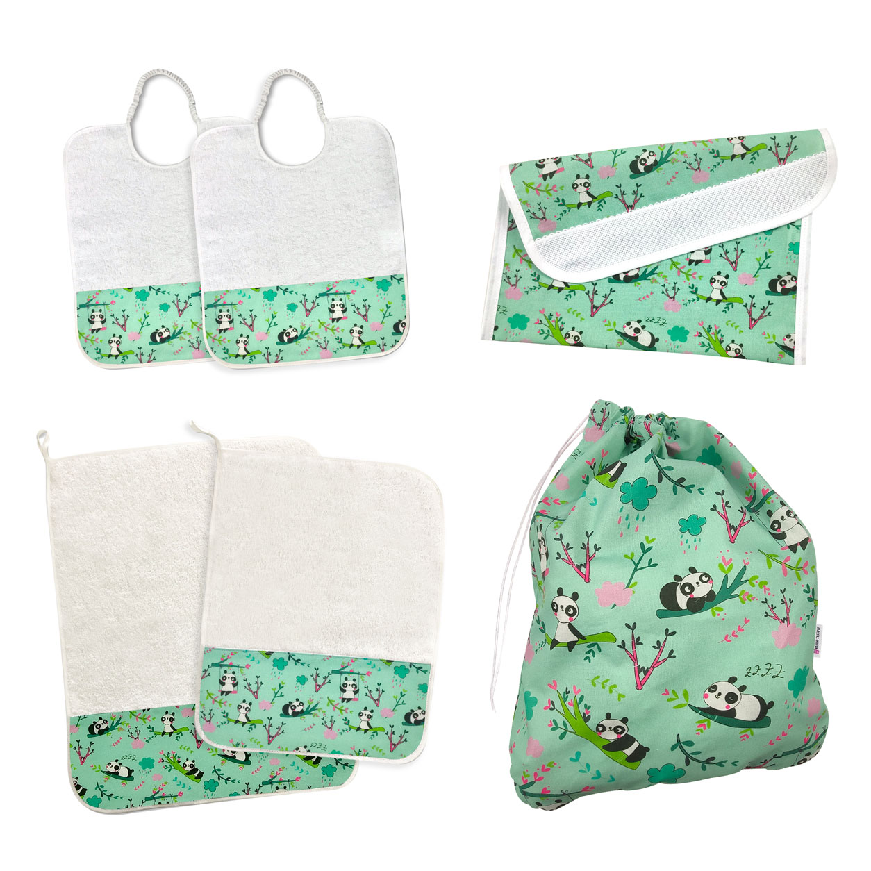 Coordinato Asilo Base Panda Sfondo Verde Menta - Panini Tessuti 