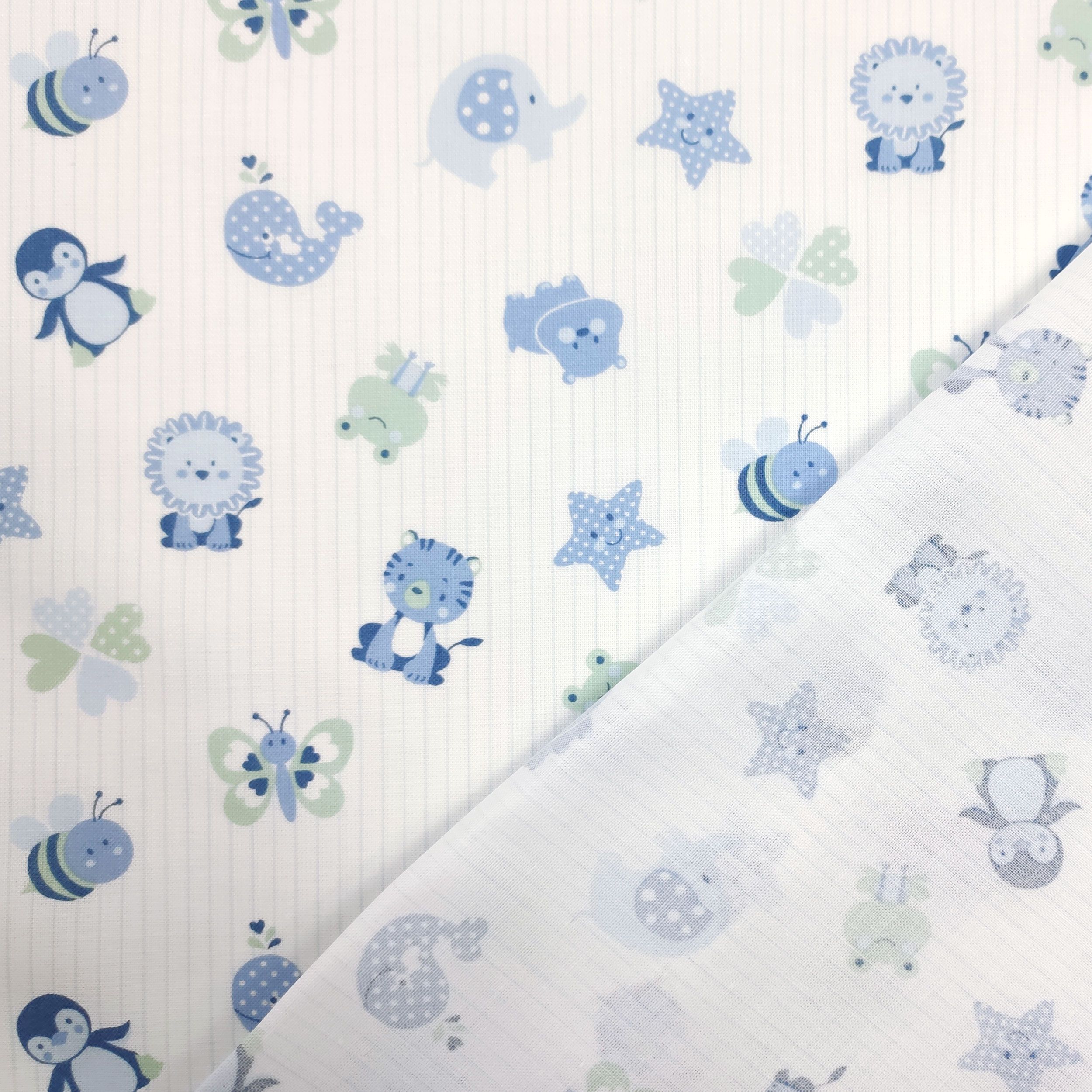 Cotone Cuccioli Blu Sfondo Rigato