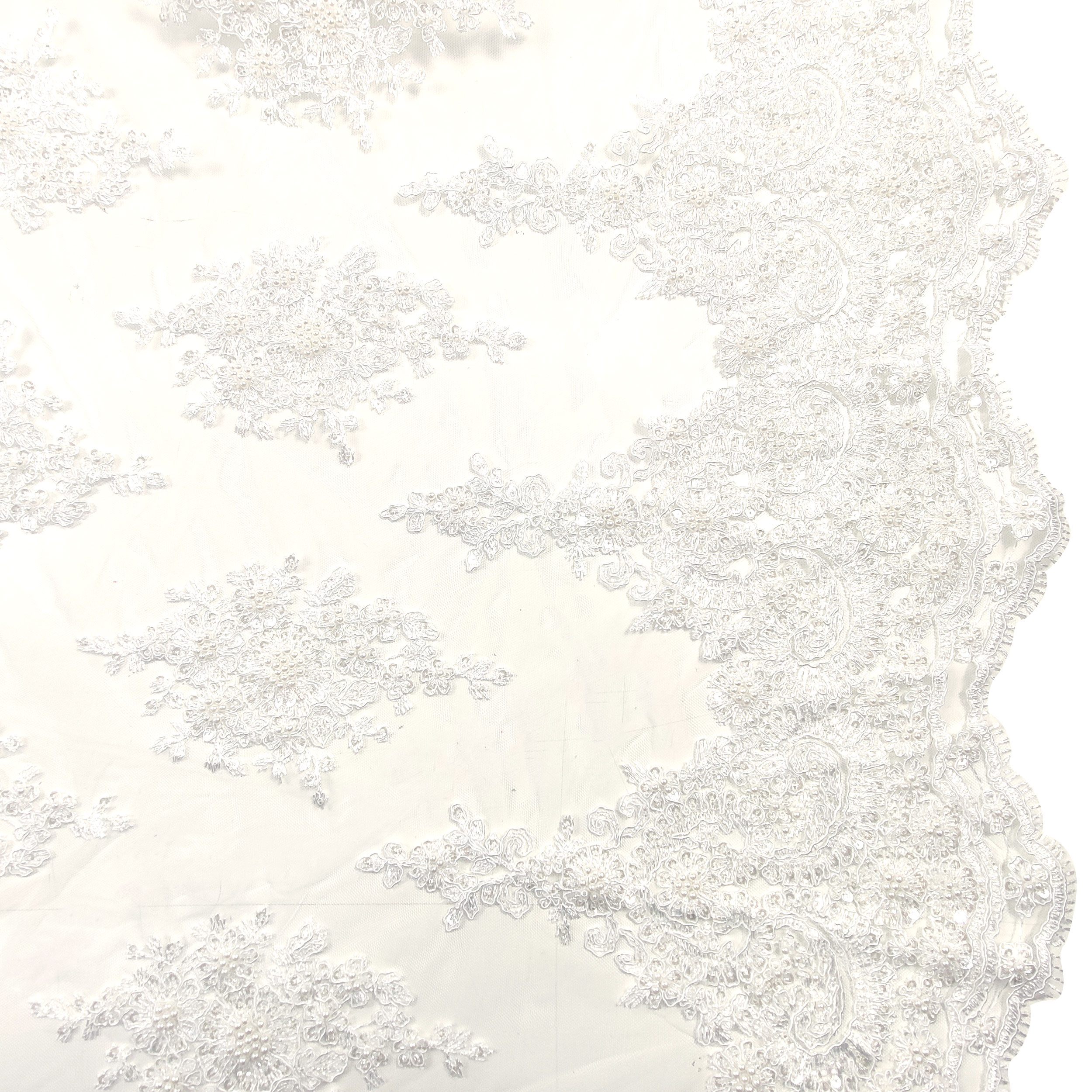 tessuto dopio brodo pizzo fiori perle bianco