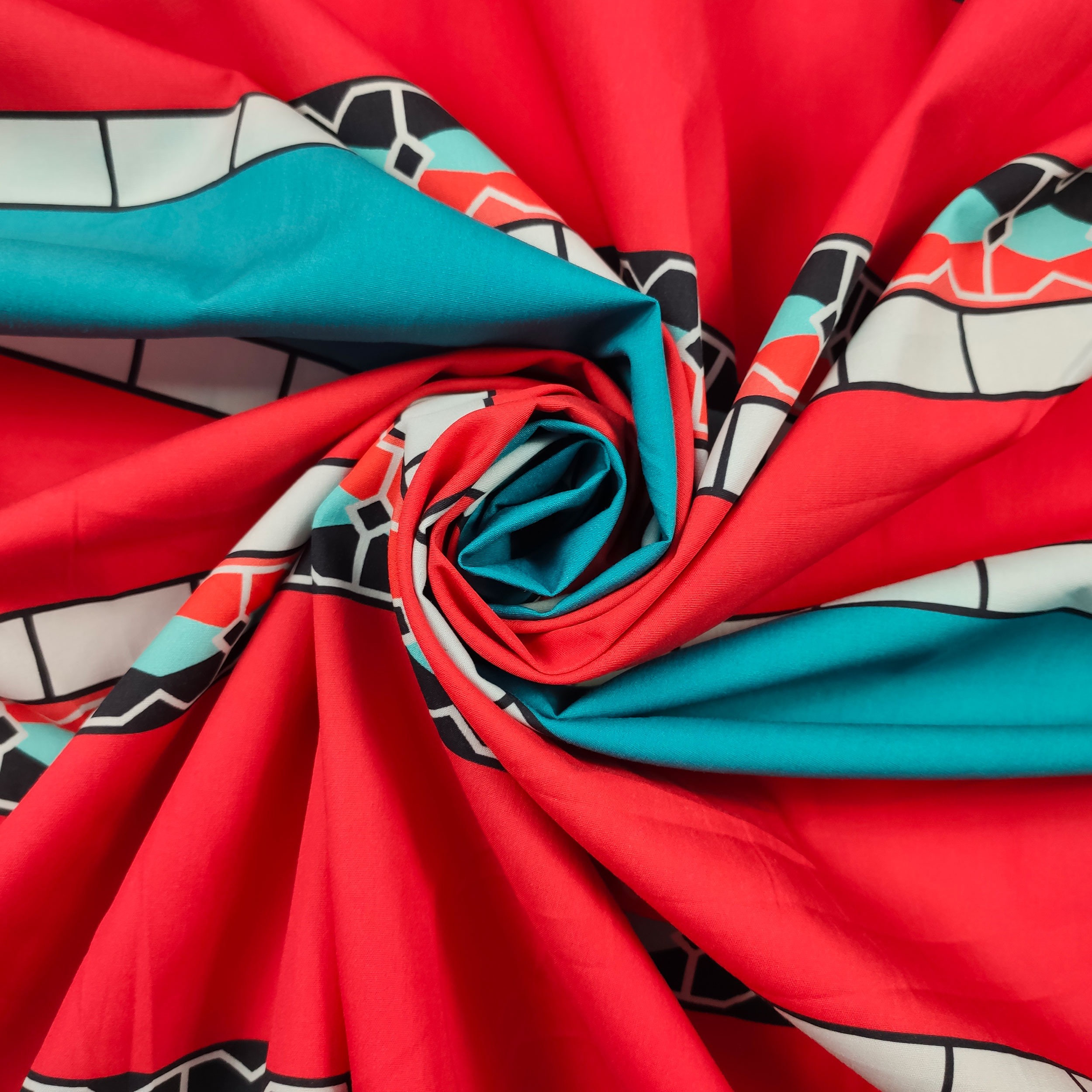 Cotone Fantasia Mosaico Turchese Rosso Image