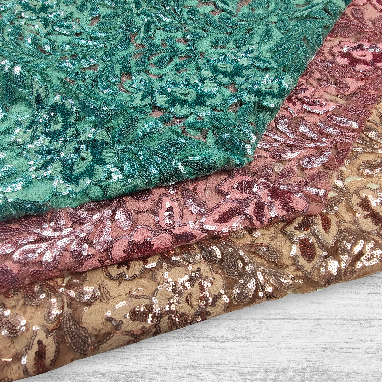 Tulle Ricamato Fiori con Paillettes Verde Acqua
