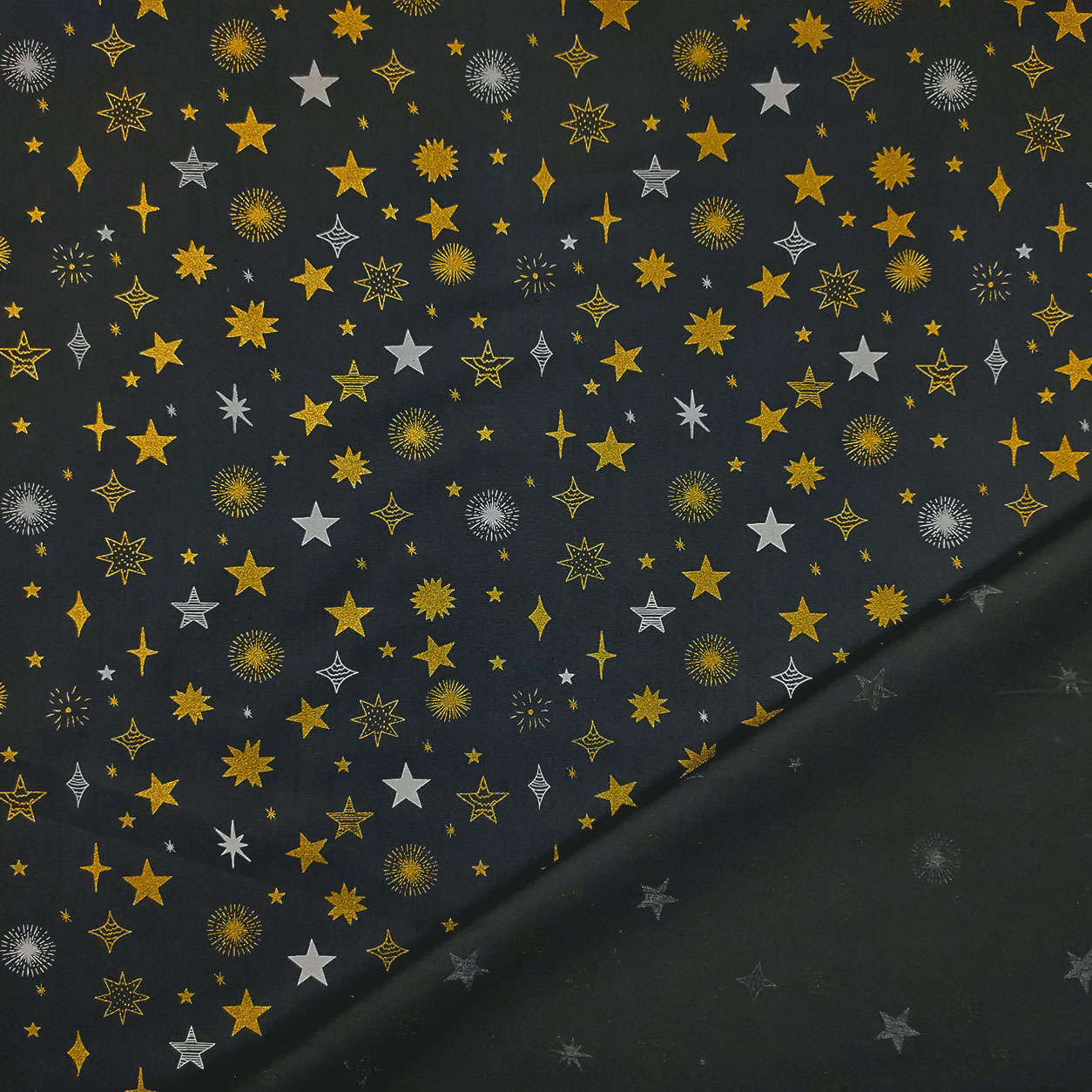 Tessuto Cotone Stelle Oro Bianco Sfondo Grigio