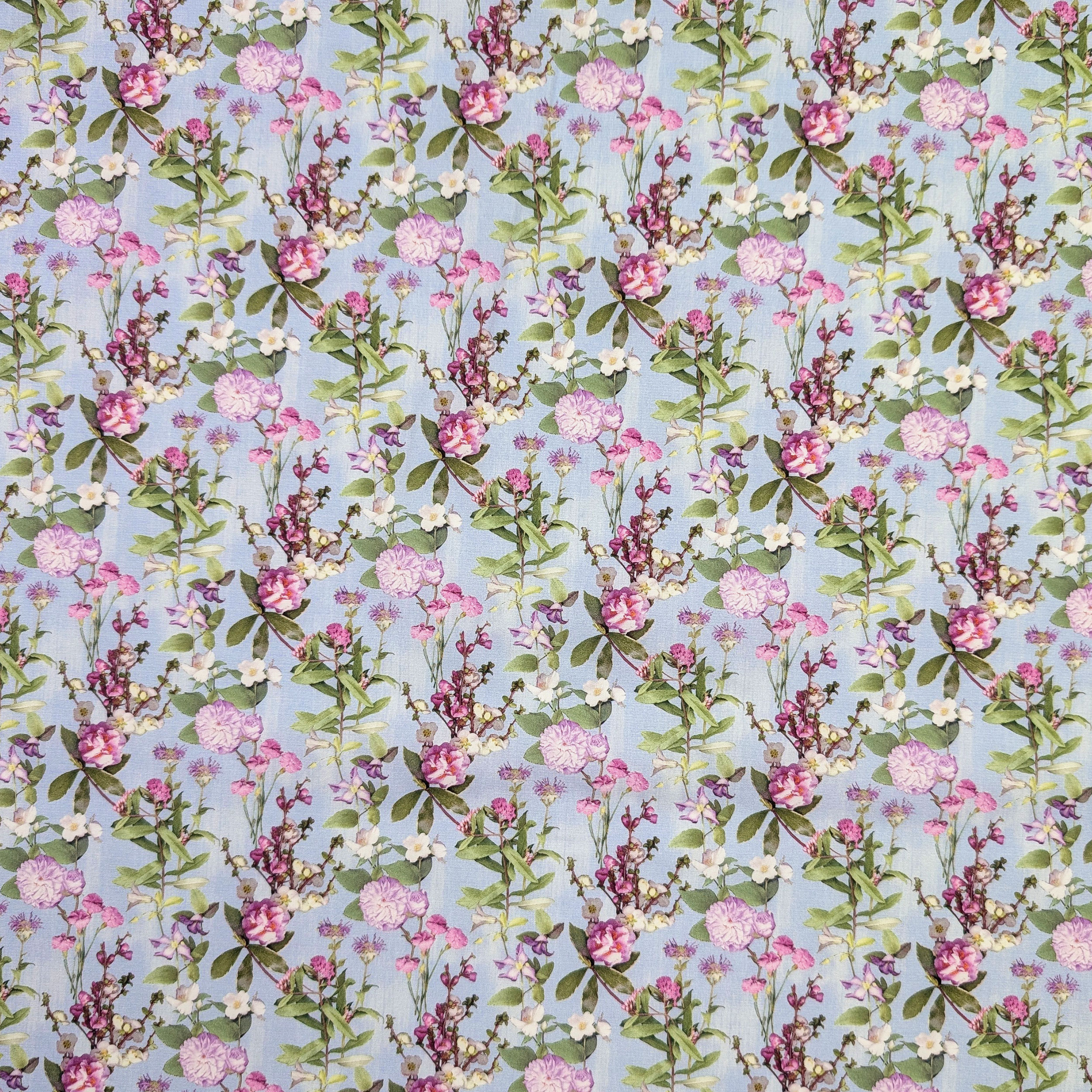 Popeline Cotone Floreale Fiori Fuxia e Lilla Image