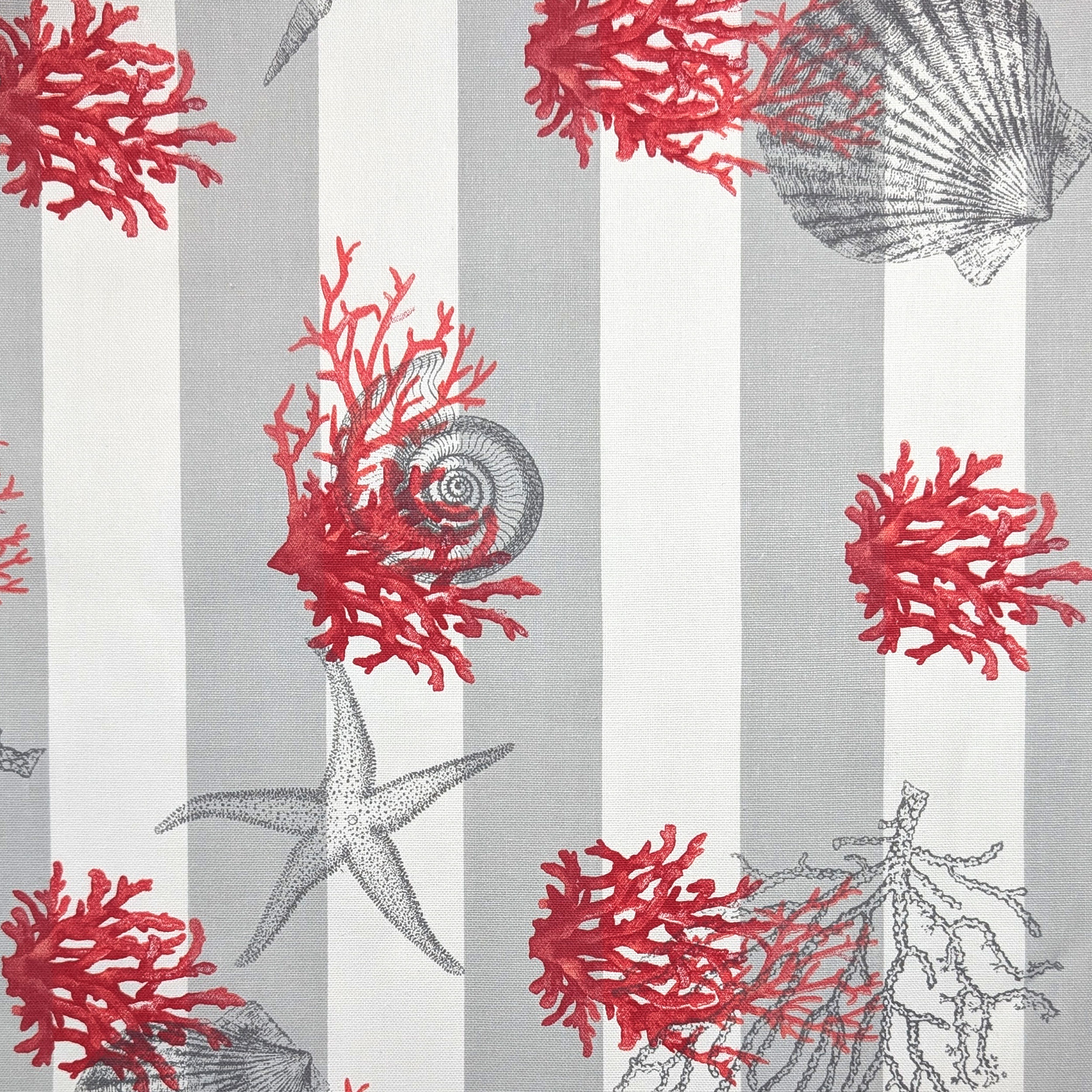Tessuto Panama Righe Bianco Grigio Conchiglie Rosse Image